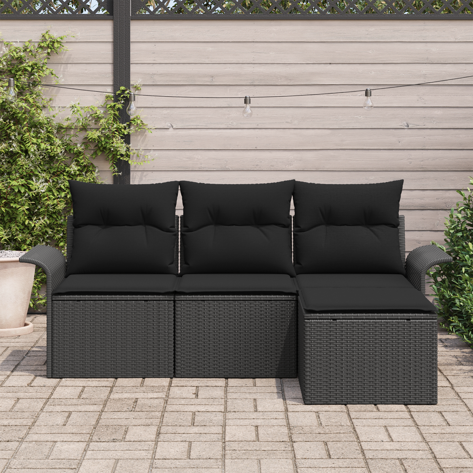 vidaXL 4-delige tuinset met kussens in zwart poly riet