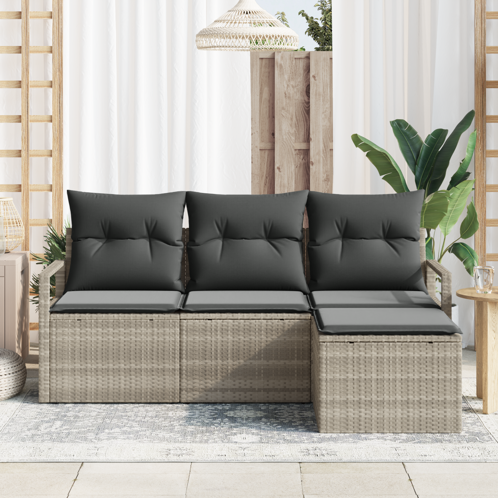 vidaXL 4-delige Tuinbankenset met kussens poly rattan lichtgrijs