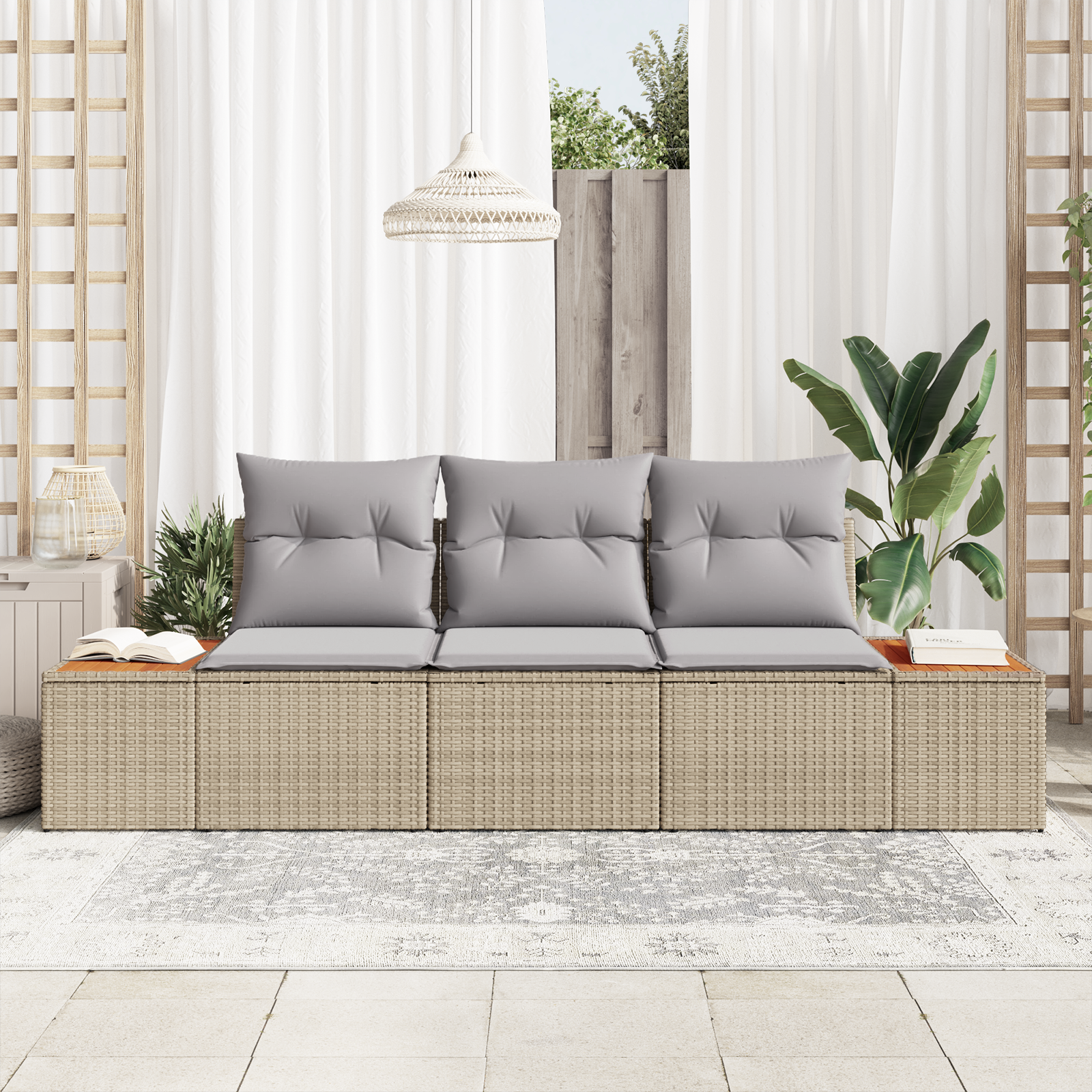 vidaXL 3-delige Tuin Sofa Set met Kussens Beige Poly Rattan Acacia