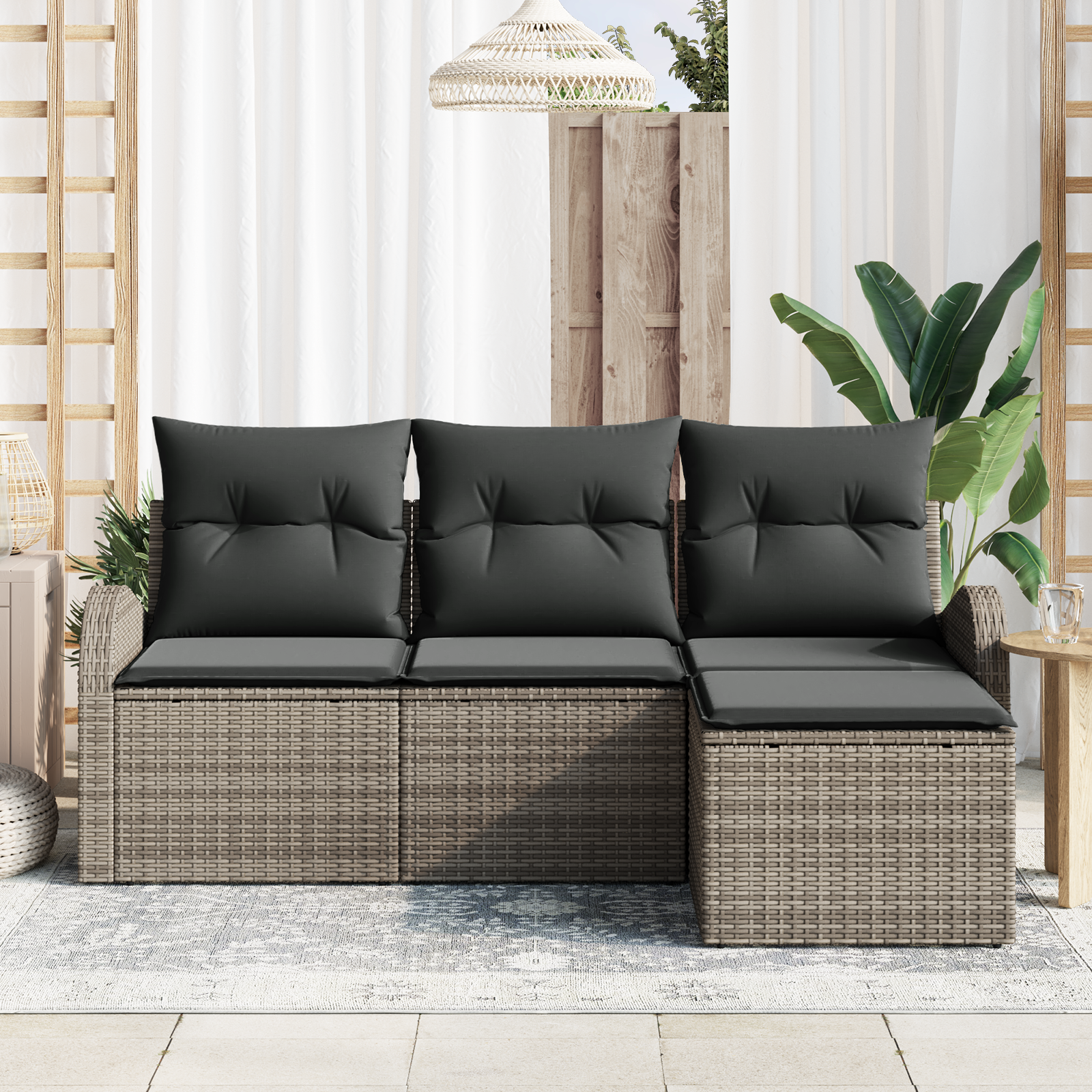 vidaXL 4-delige Tuinbankenset met kussens poly rattan grijs