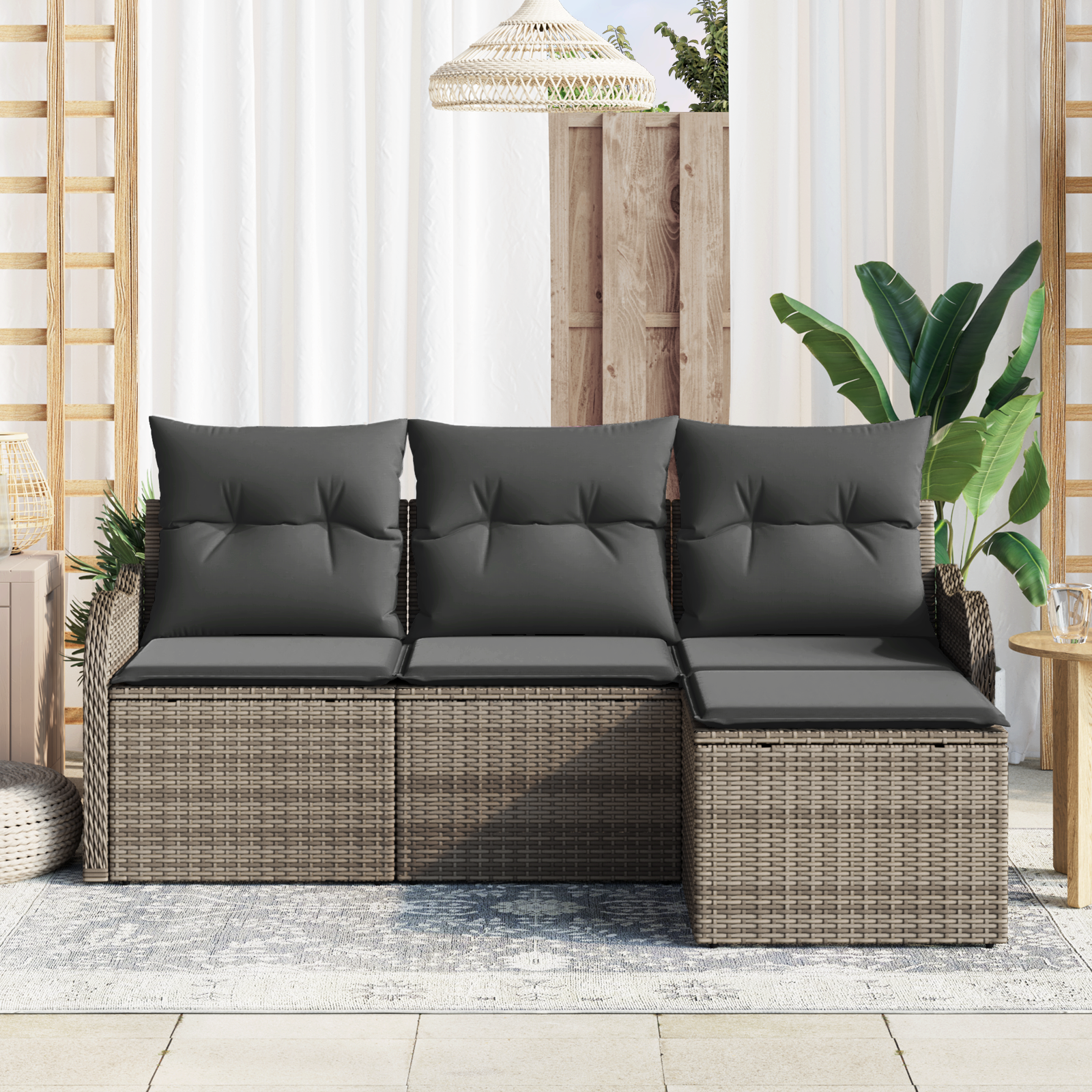 vidaXL 4-delige Tuinbankenset met kussens poly rattan grijs