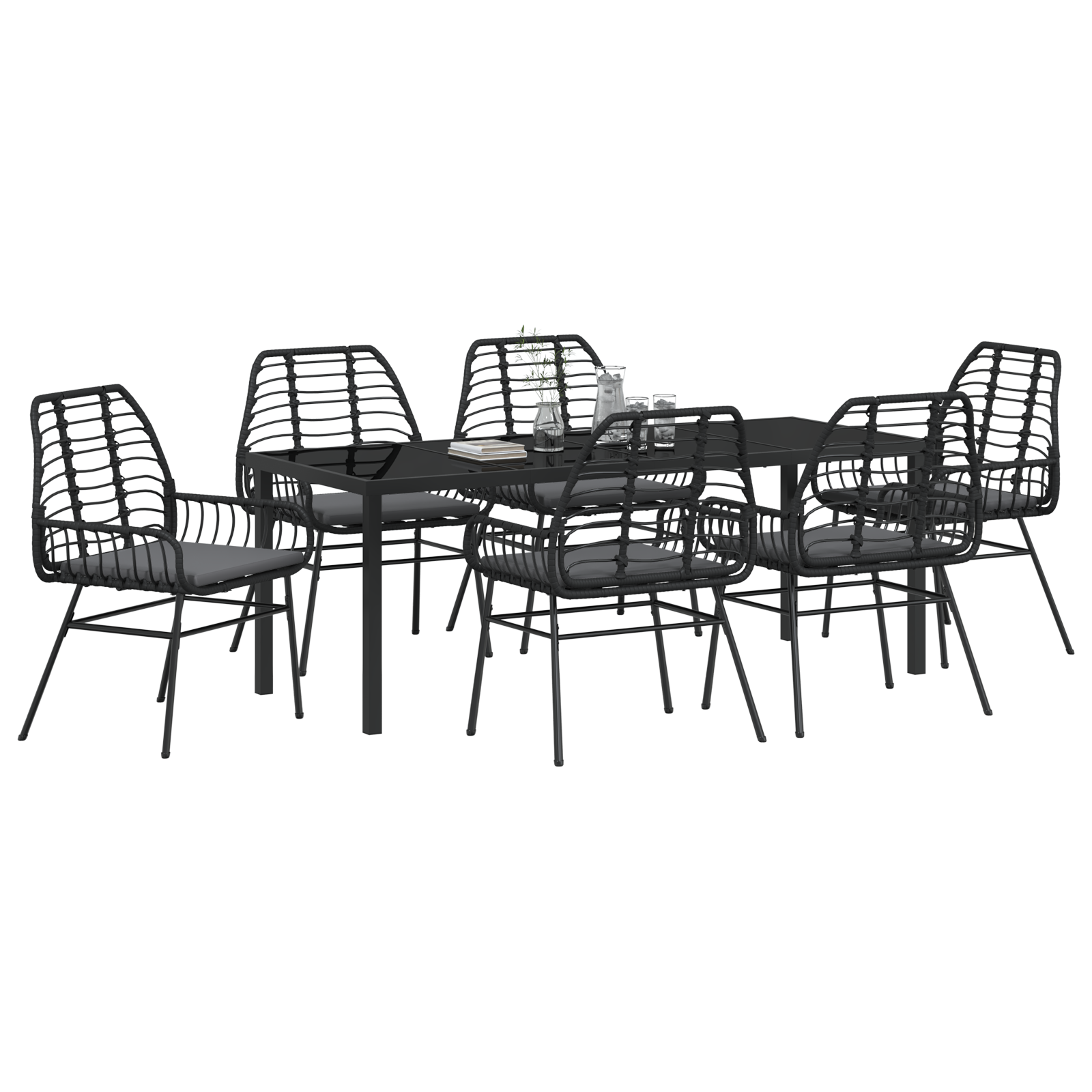 vidaXL 7-delige Tuin Eetset met Kussens Zwart Poly Rattan