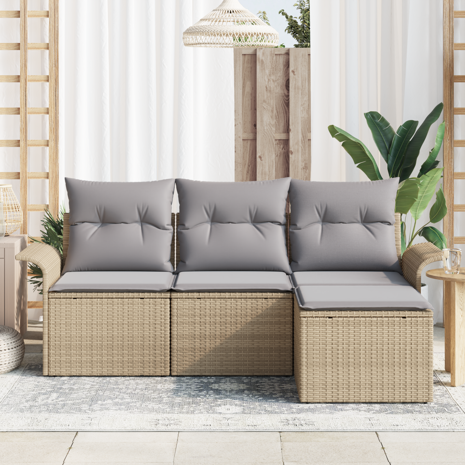 vidaXL 4-delige tuinbankset met kussens in beige poly rattan