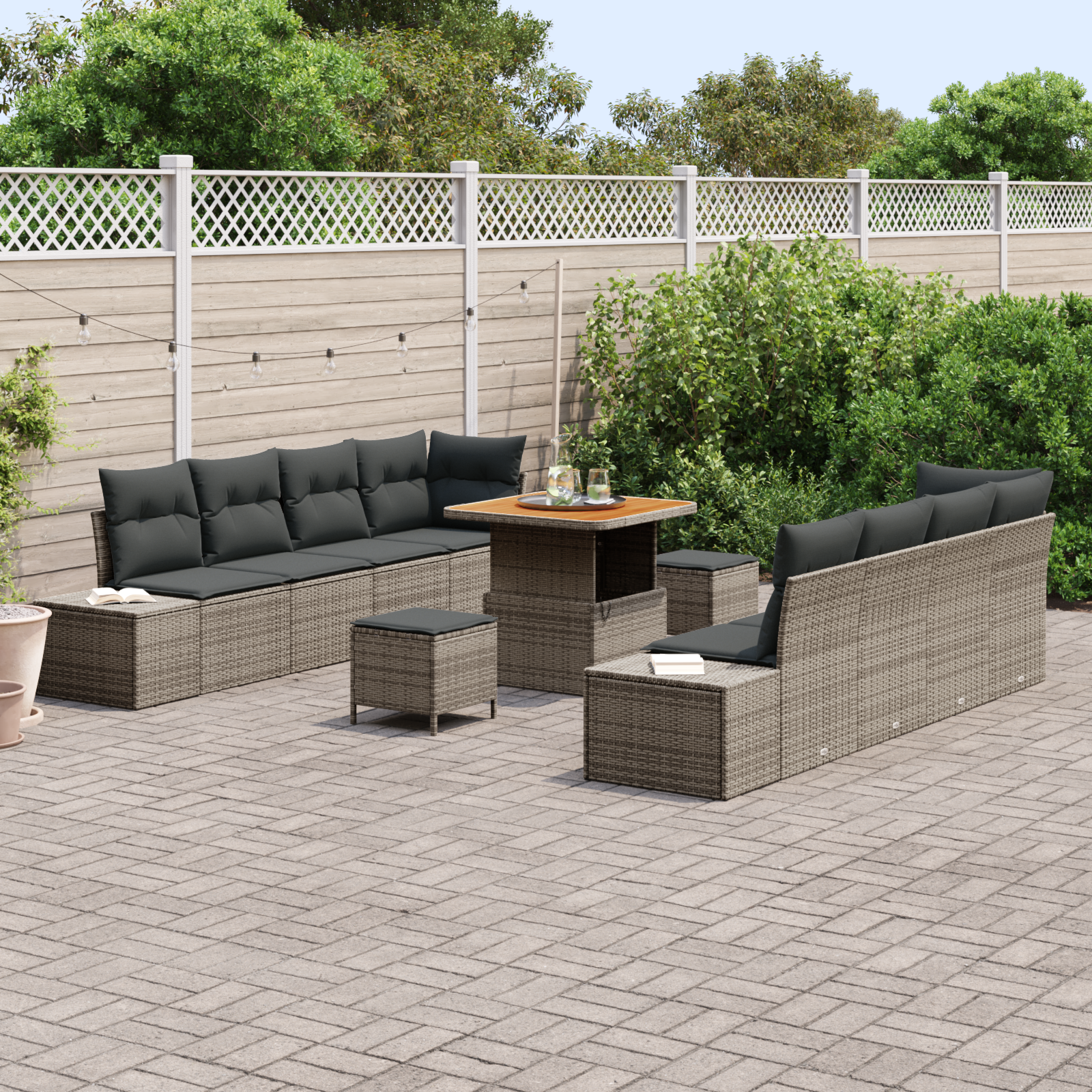 vidaXL 11-delige tuinset met kussens Grijs Poly Rattan Acacia