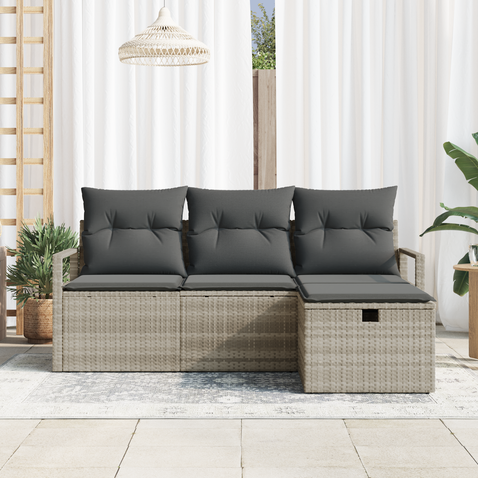 vidaXL 4-delige Tuinbankenset met kussens poly rattan lichtgrijs