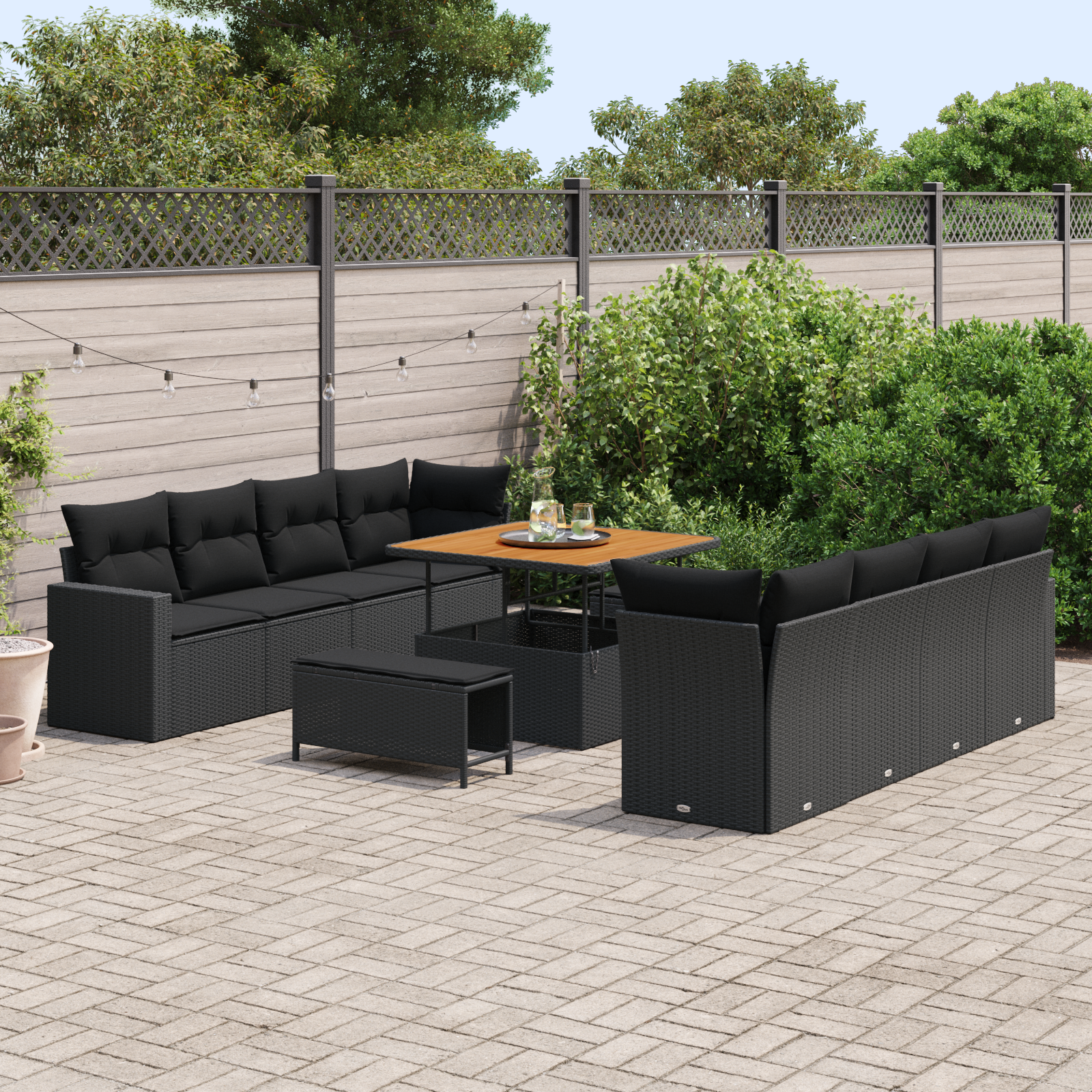 vidaXL 11-delige tuinset met kussens zwart poly riet acacia