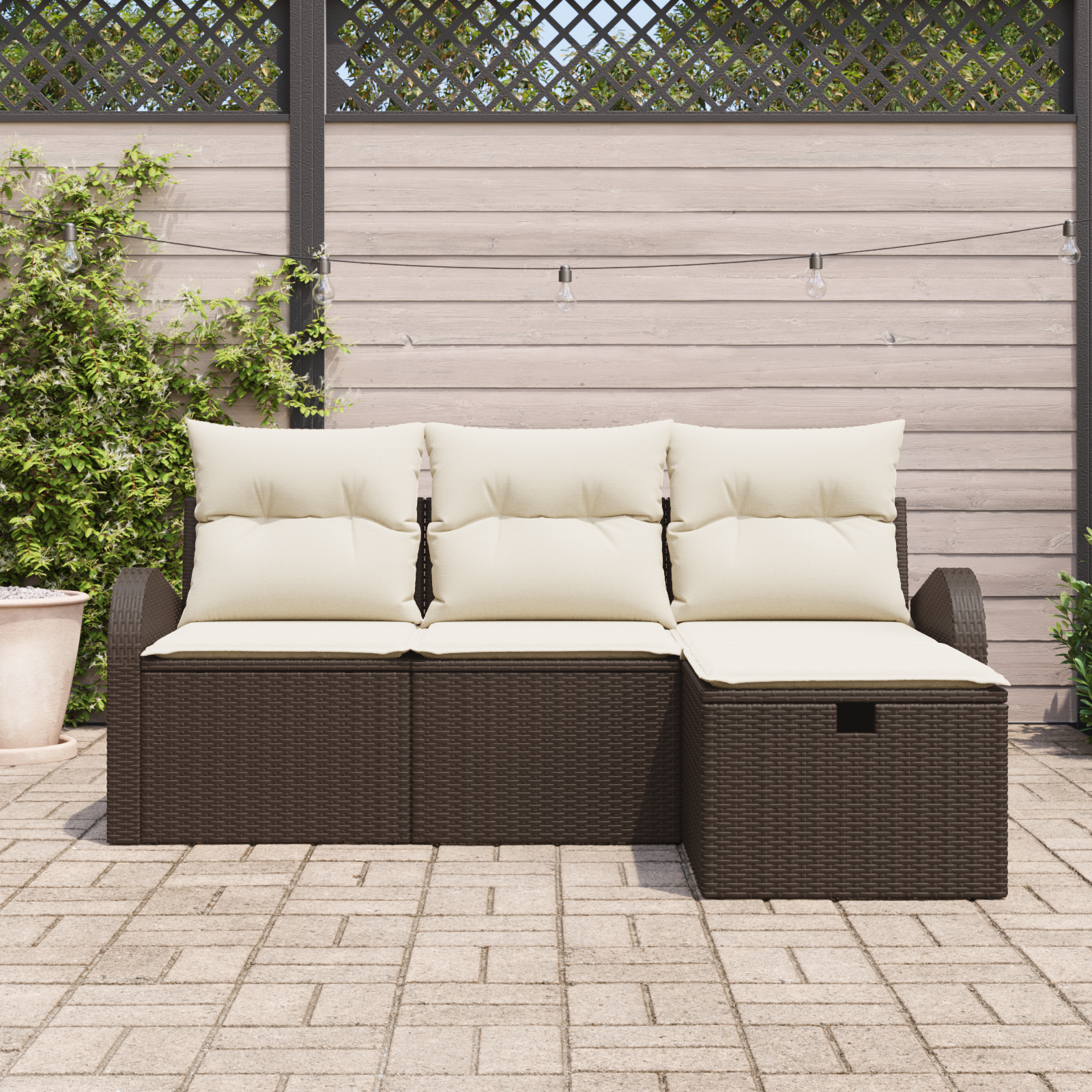 vidaXL 4-delige Tuinbankenset met kussens poly rattan bruin