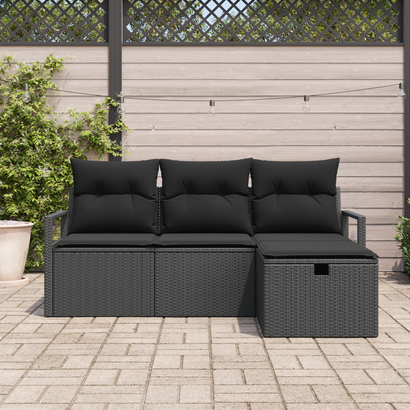 vidaXL 4-delige Tuinbankenset met kussens poly rattan zwart