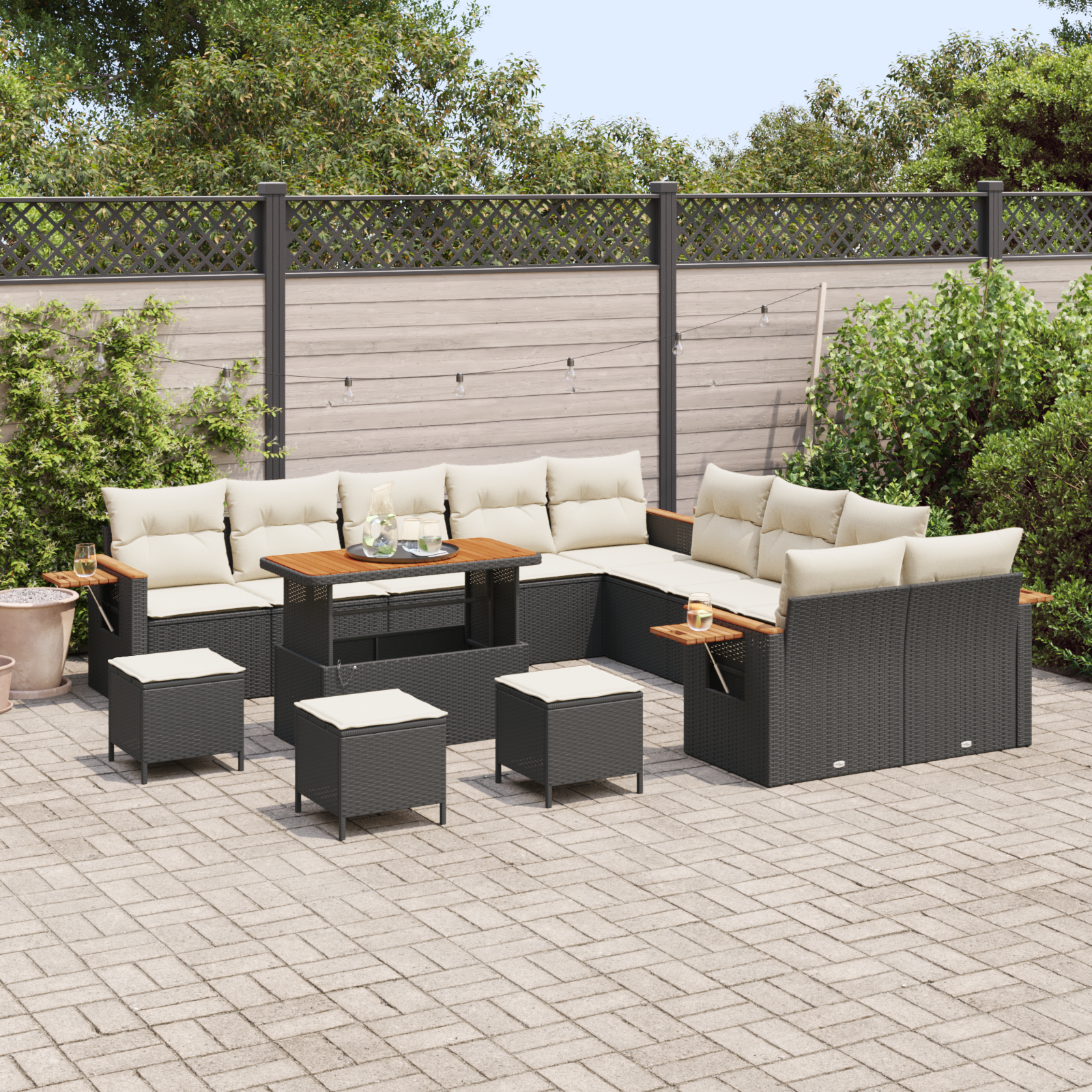 vidaXL 14-delige Tuinbankenset met kussens poly rattan acacia zwart