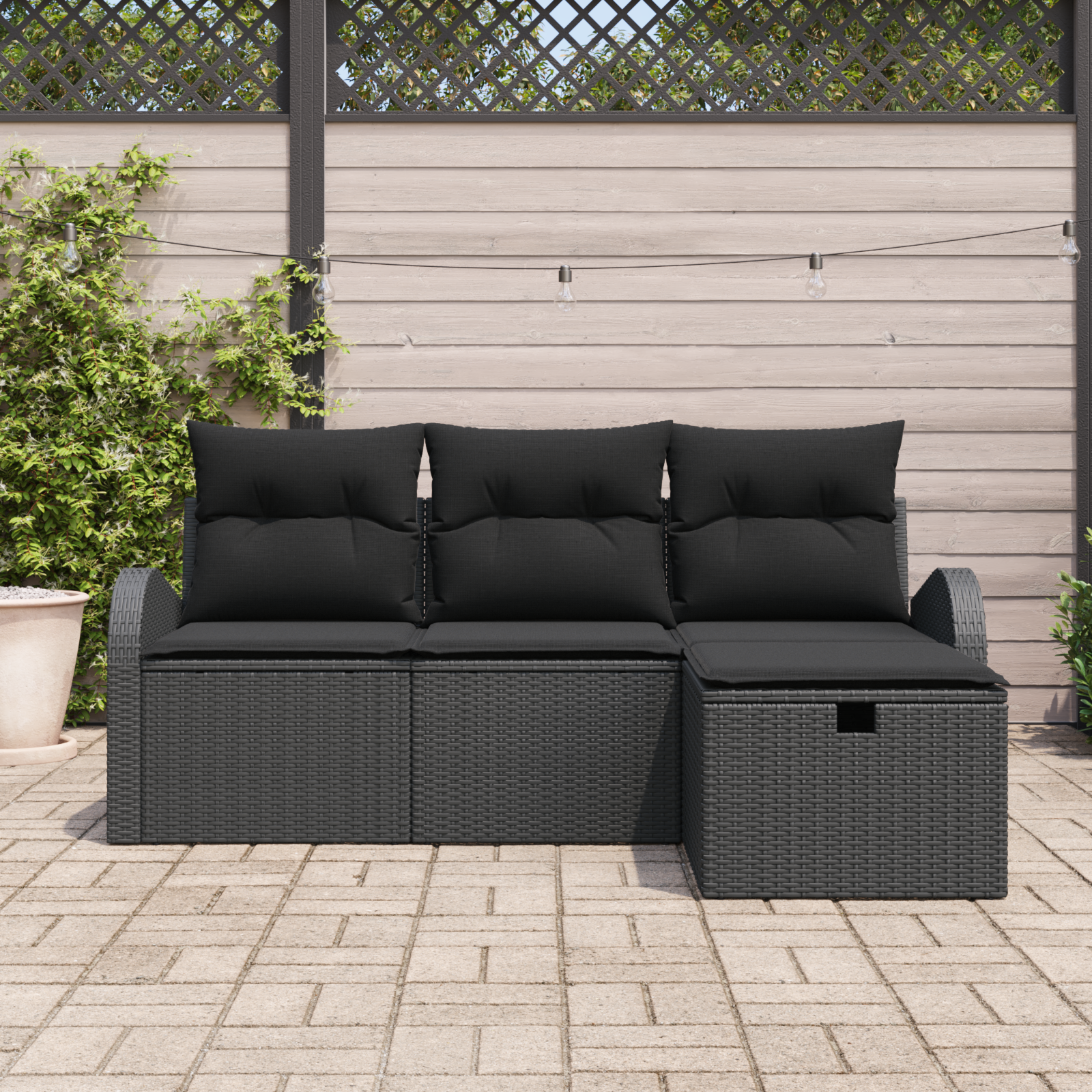 vidaXL 4-delige Tuinbankenset met kussens poly rattan zwart