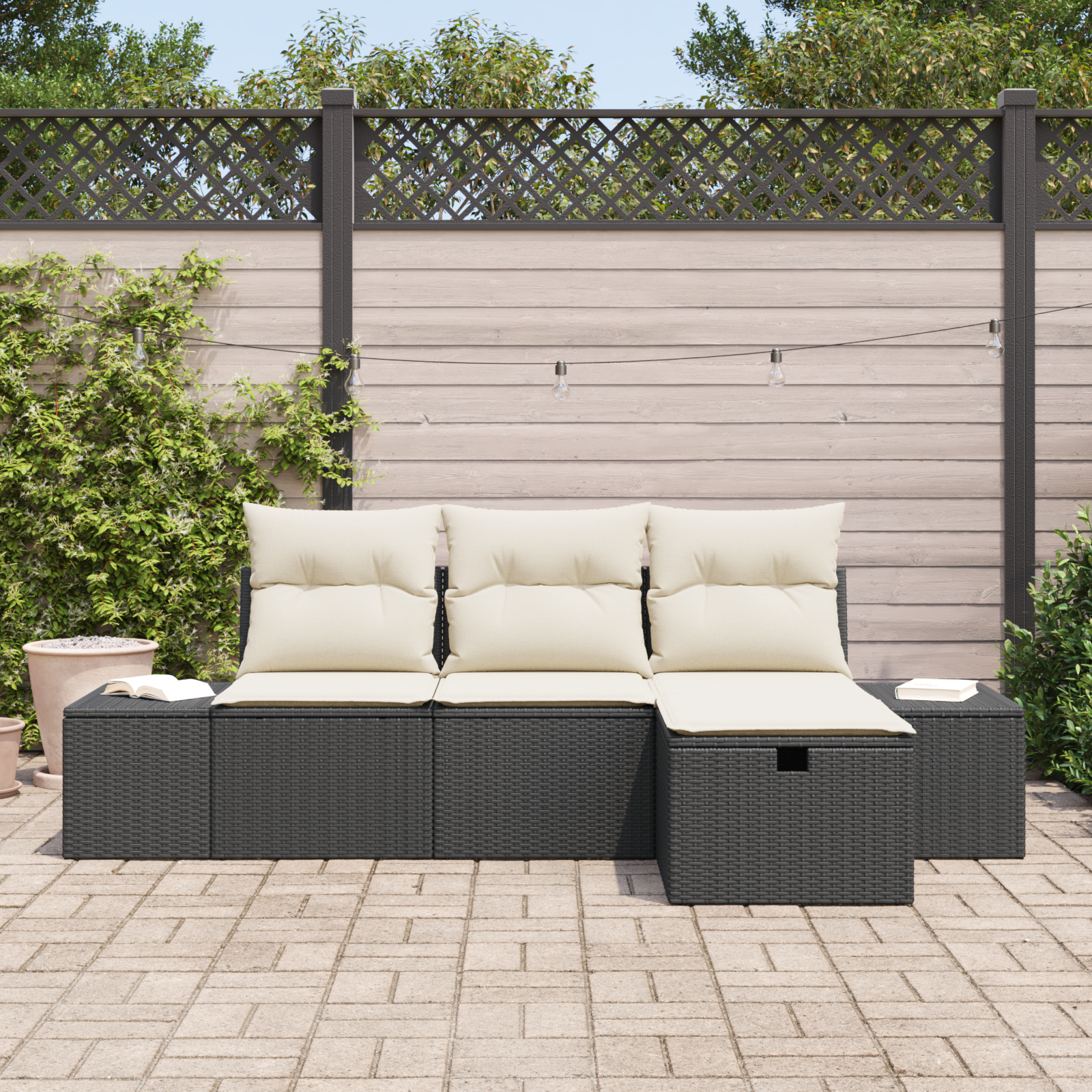 vidaXL 4-delige Tuinbankenset met kussens poly rattan zwart