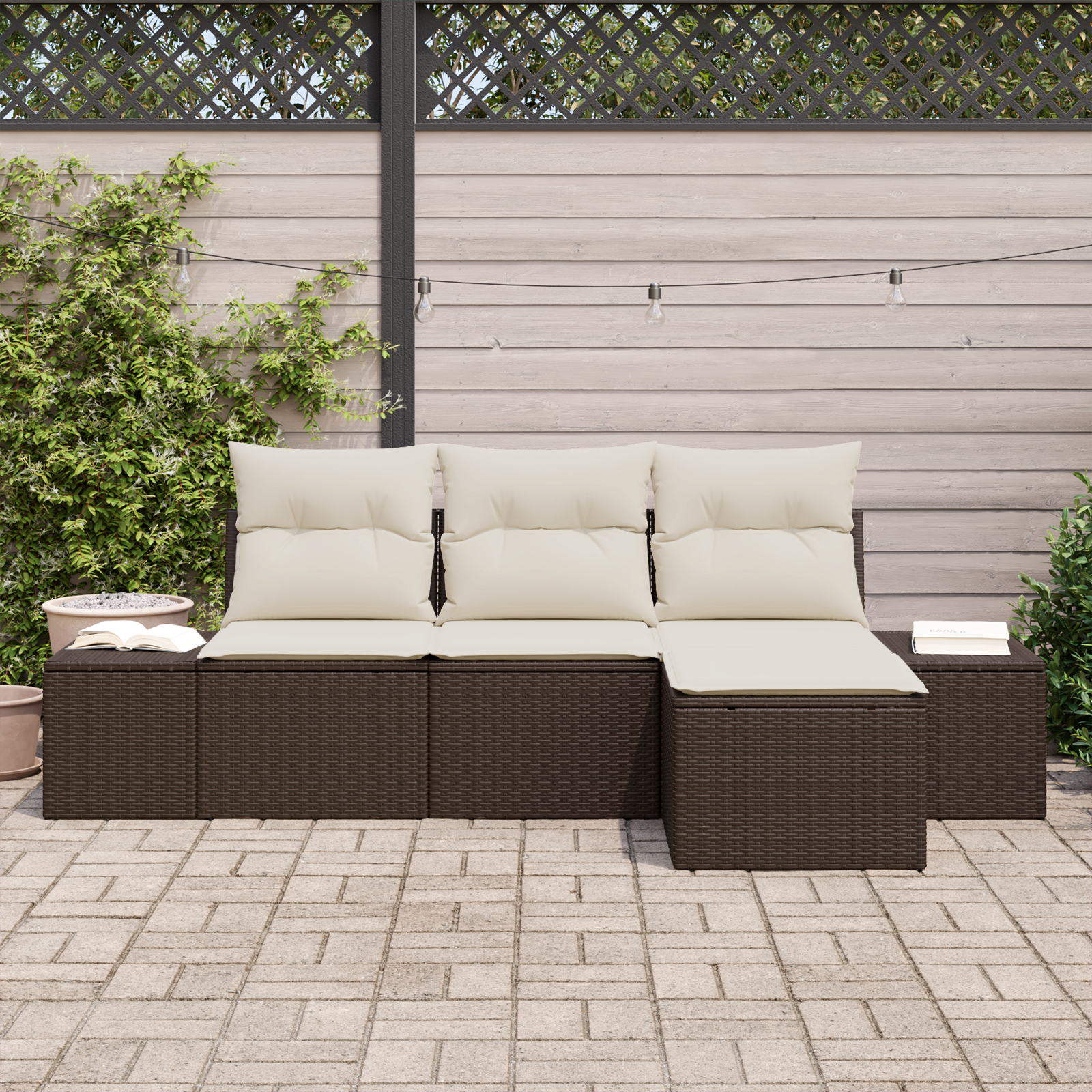 vidaXL 4-delige Tuinbankenset met kussens poly rattan bruin