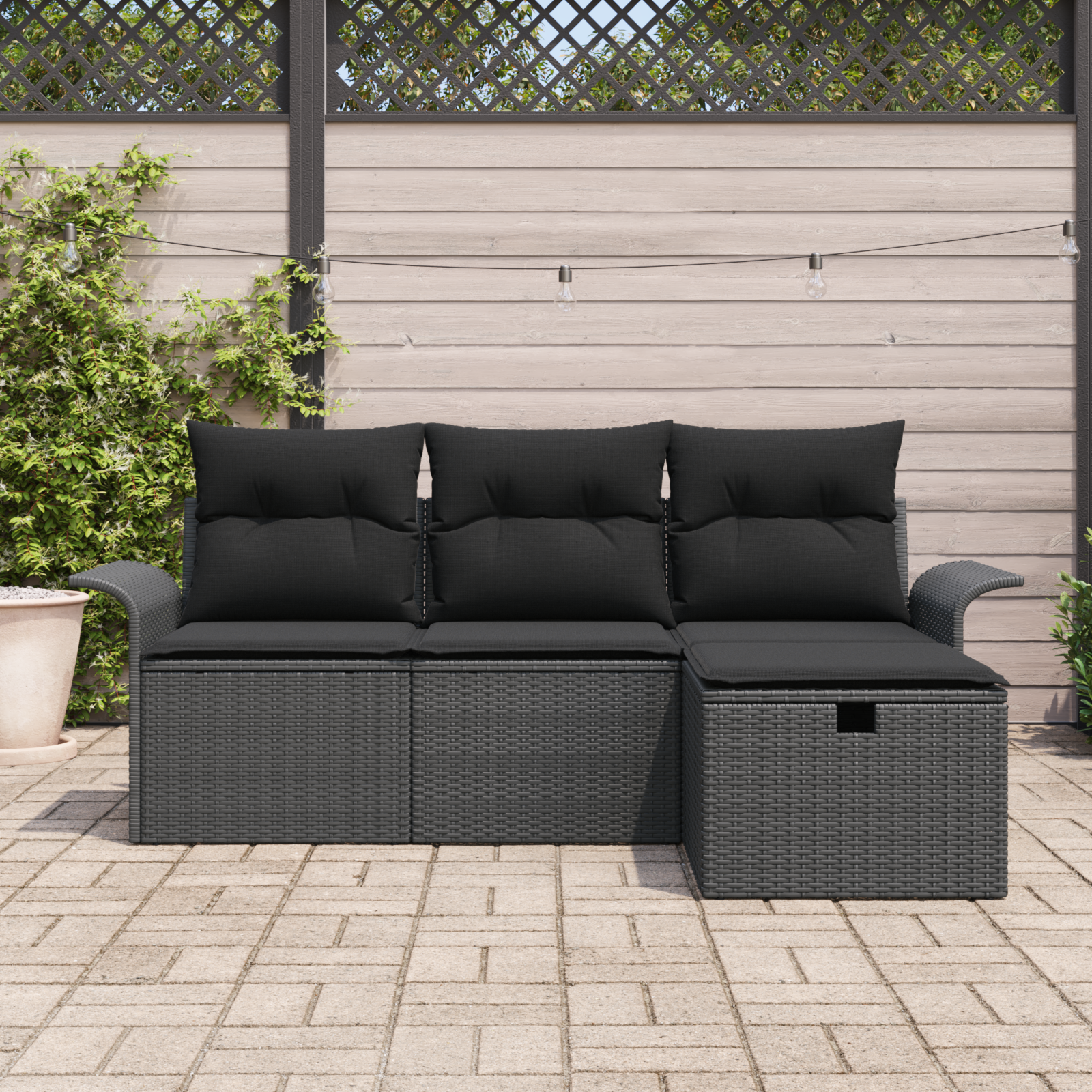 vidaXL 4-delige Tuinbankenset met kussens poly rattan zwart