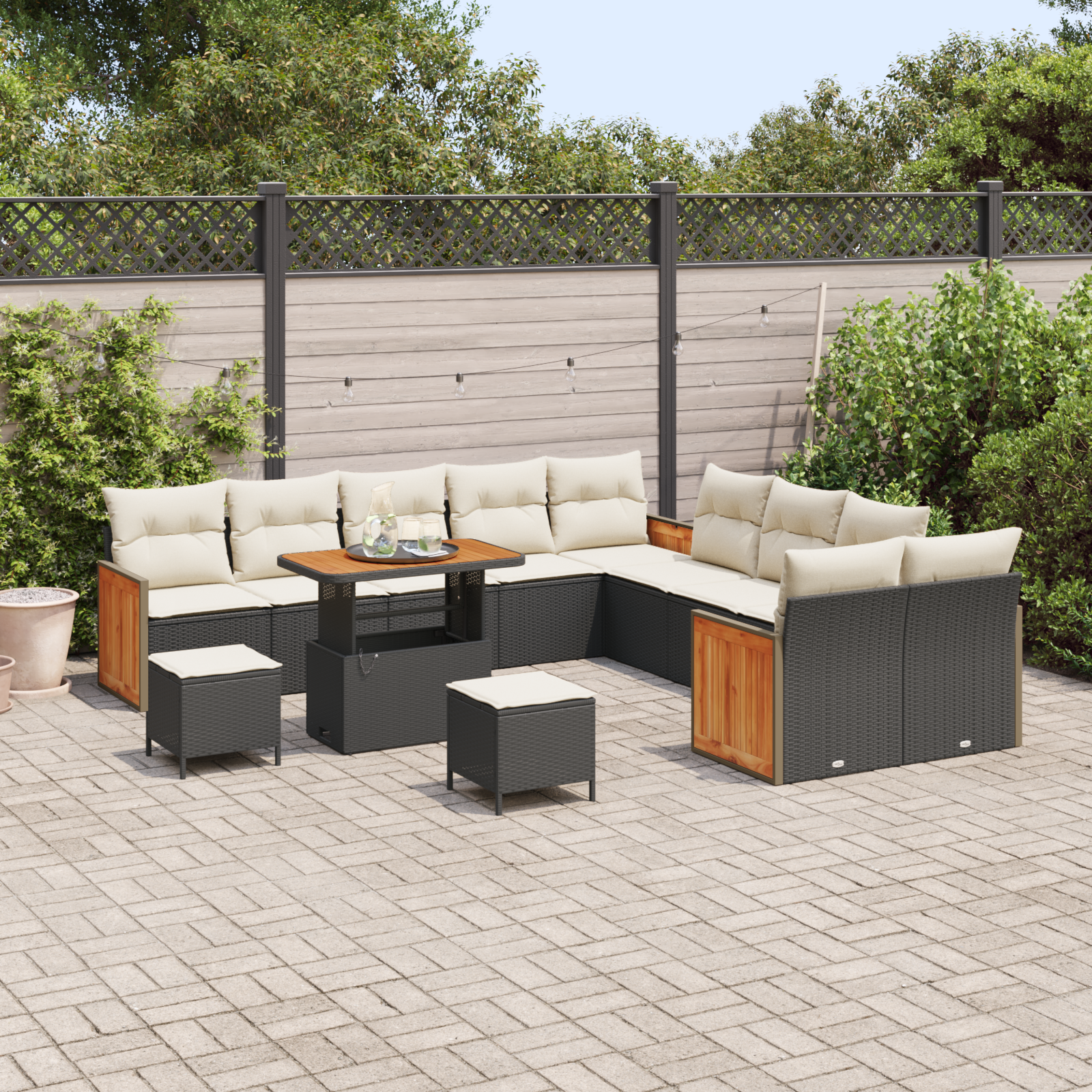 vidaXL 13-delige Tuinbank Set met Kussens Zwart Poly Rattan Acacia