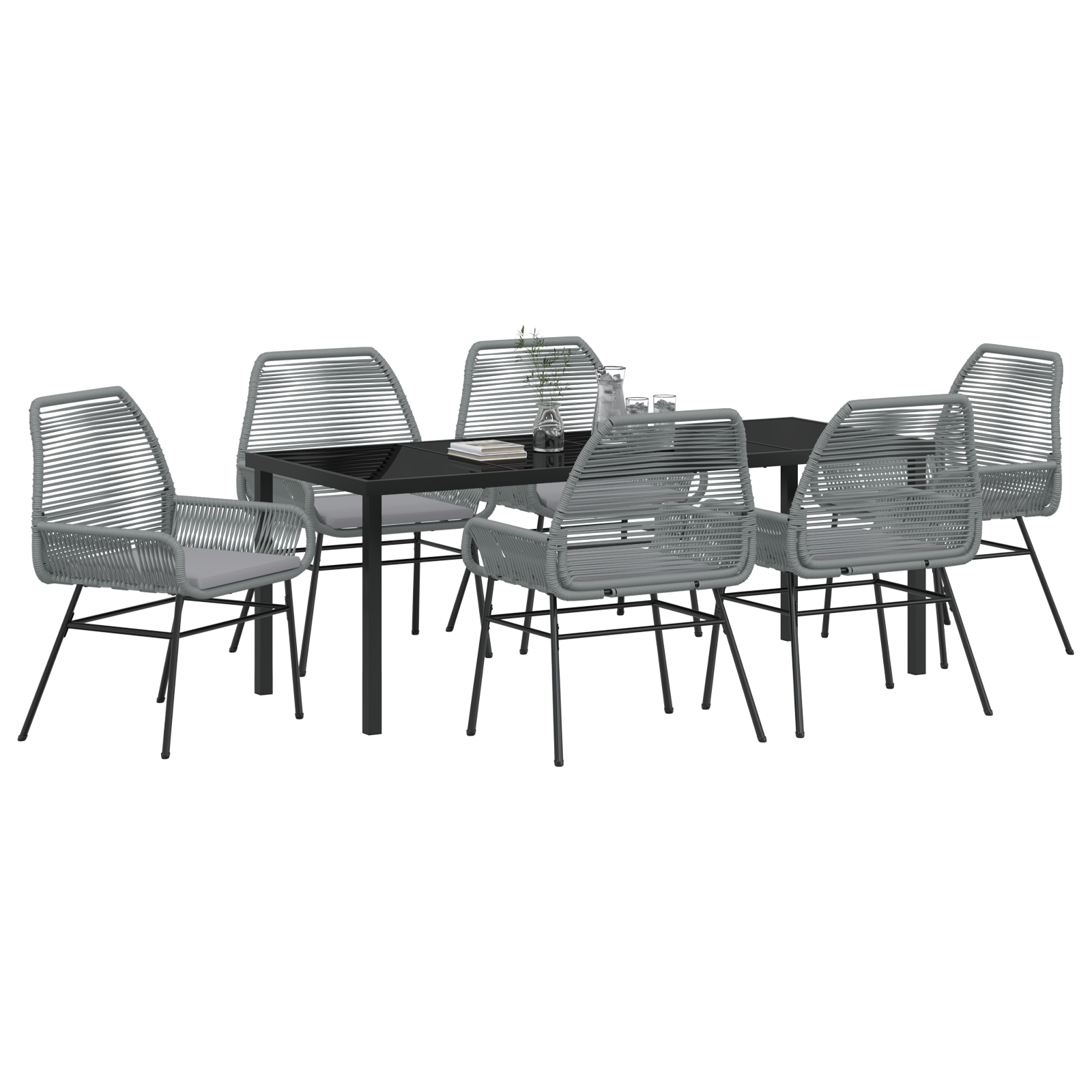 vidaXL 7-delige tuin eetset met kussens in grijs poly rattan