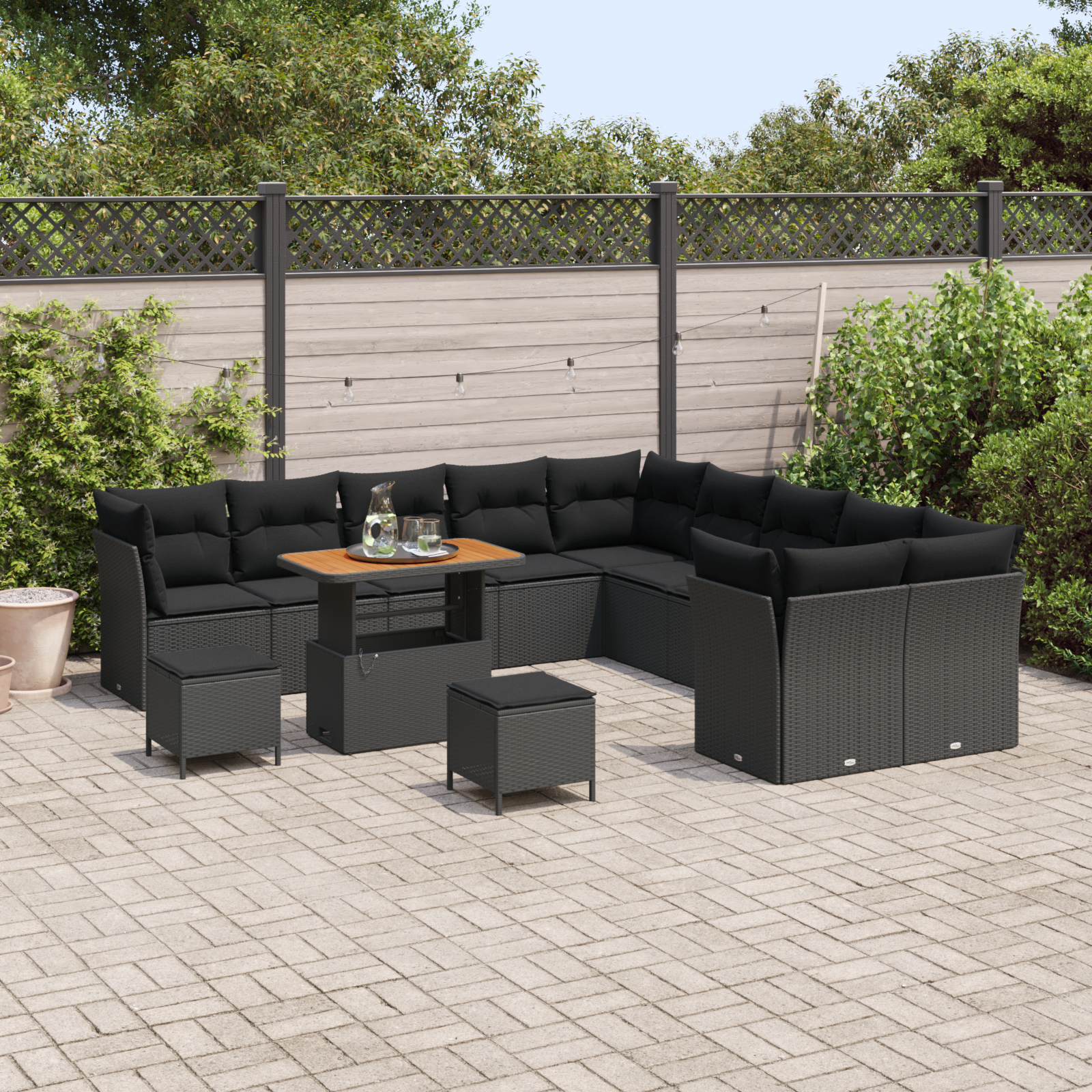 vidaXL 13-delige tuinbank set met kussens zwart poly rattan acacia