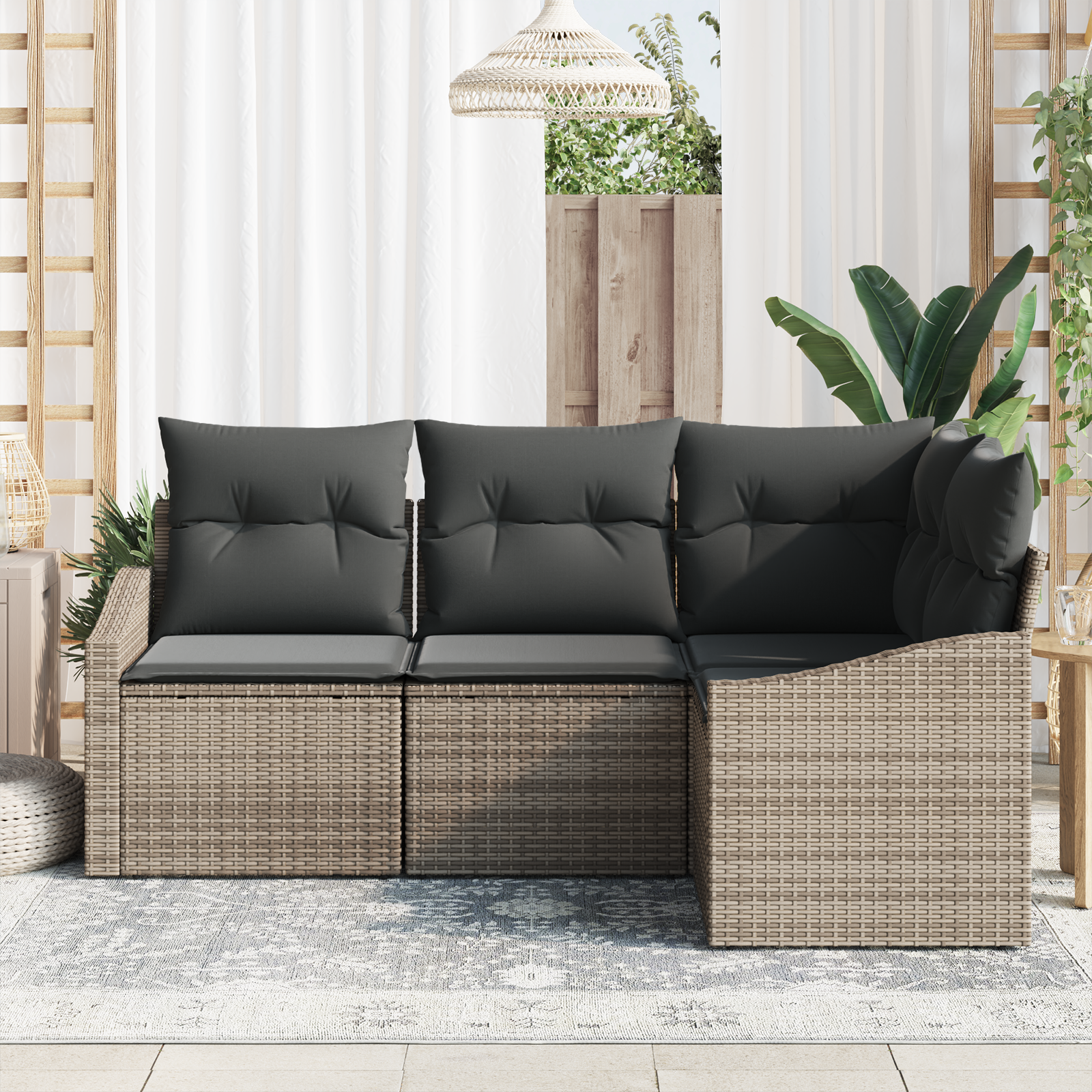 vidaXL 4-delige Tuinbankenset met kussens poly rattan grijs