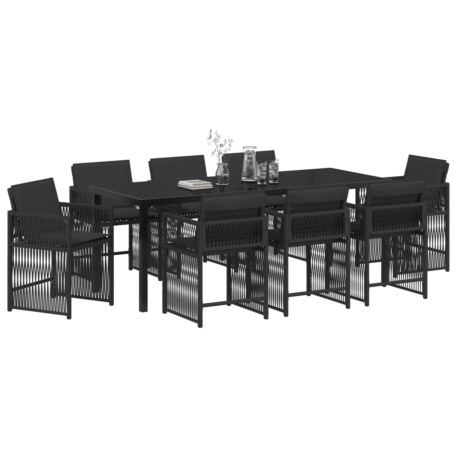 vidaXL 9-delige tuintafelset met kussens zwart poly rattan