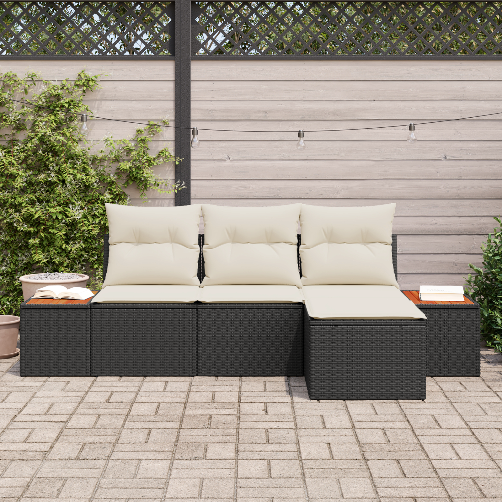 vidaXL 4-delige tuinset met kussens zwart poly rattan acacia