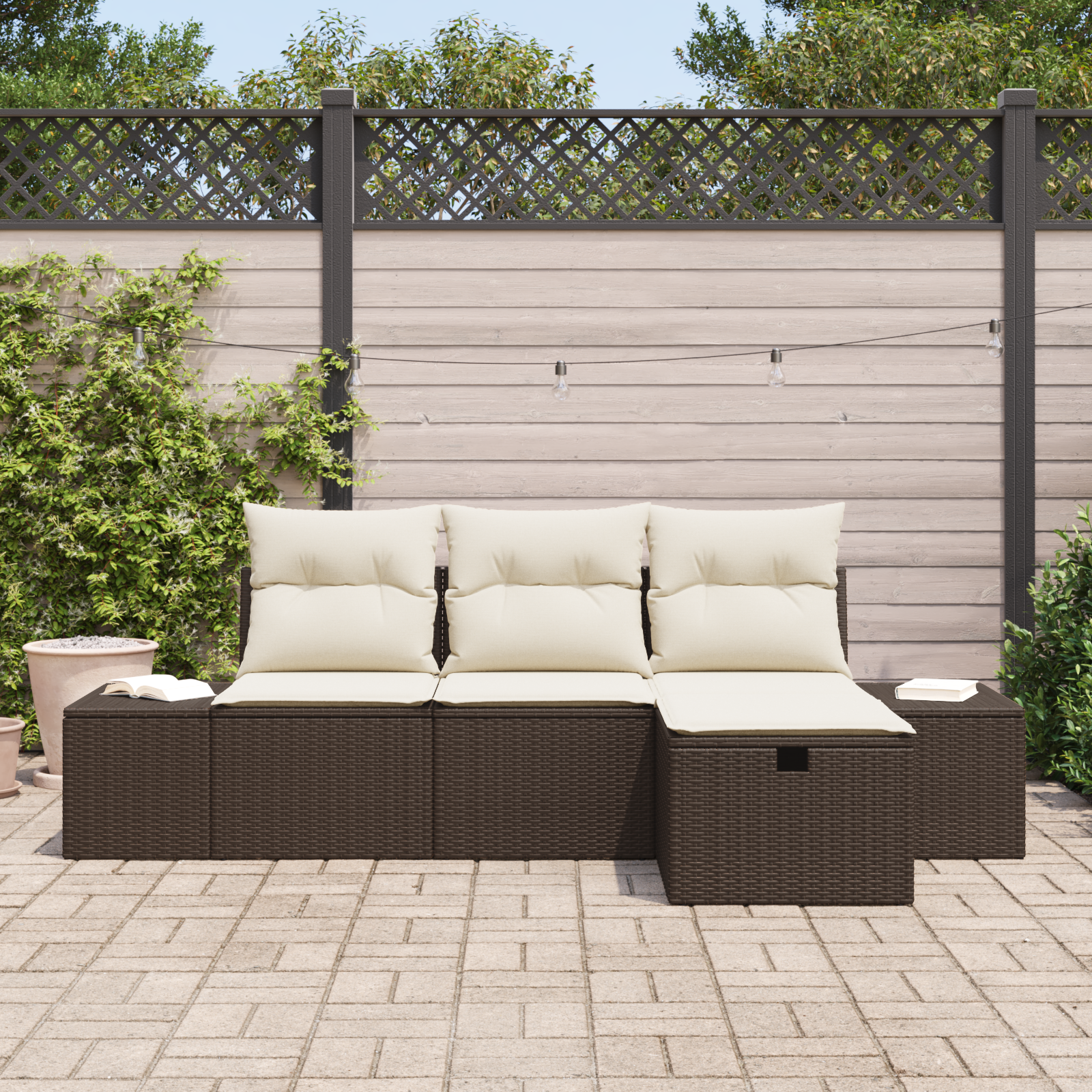 vidaXL 4-delige Tuinbankenset met kussens poly rattan bruin