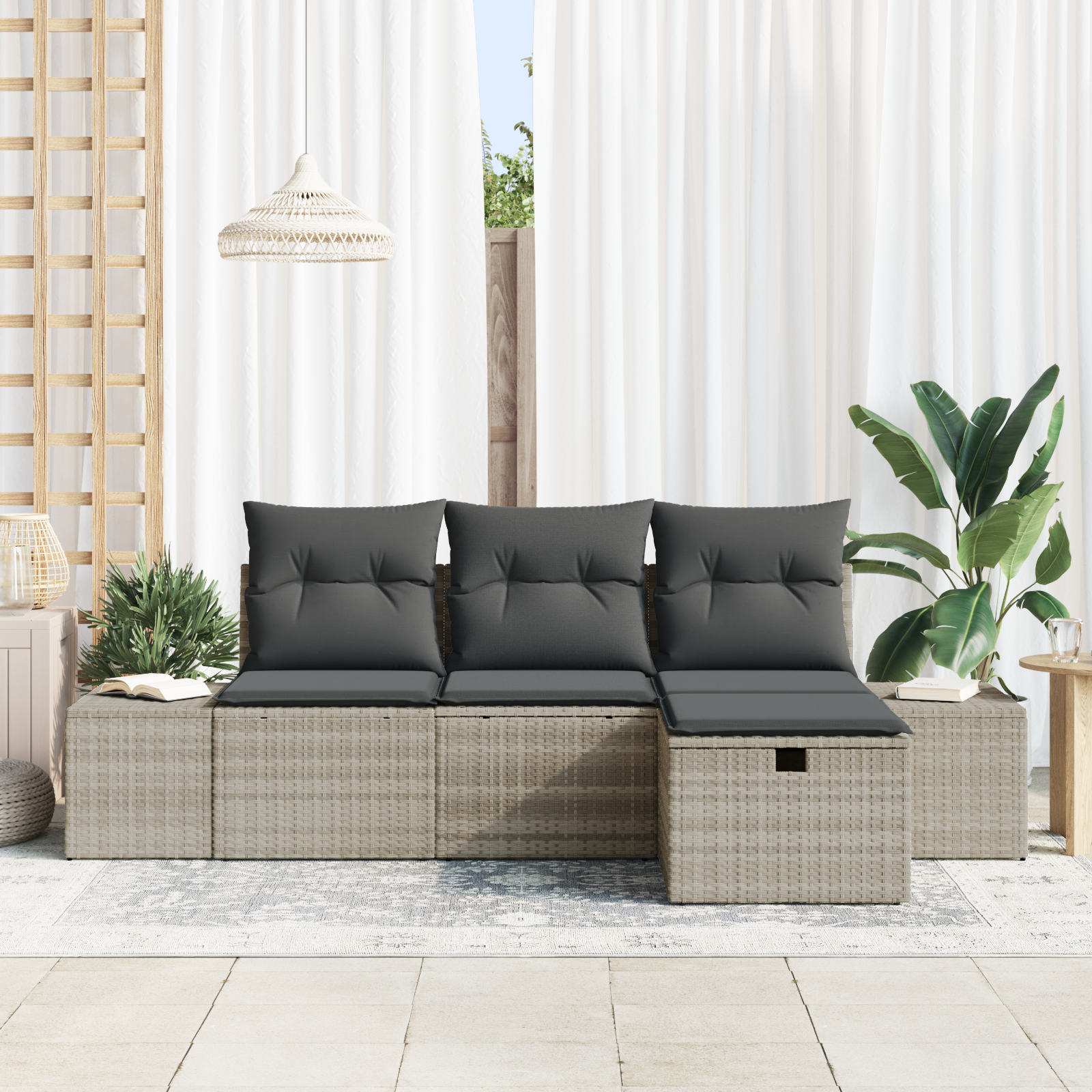 vidaXL 4-delige Tuinbankenset met kussens poly rattan lichtgrijs