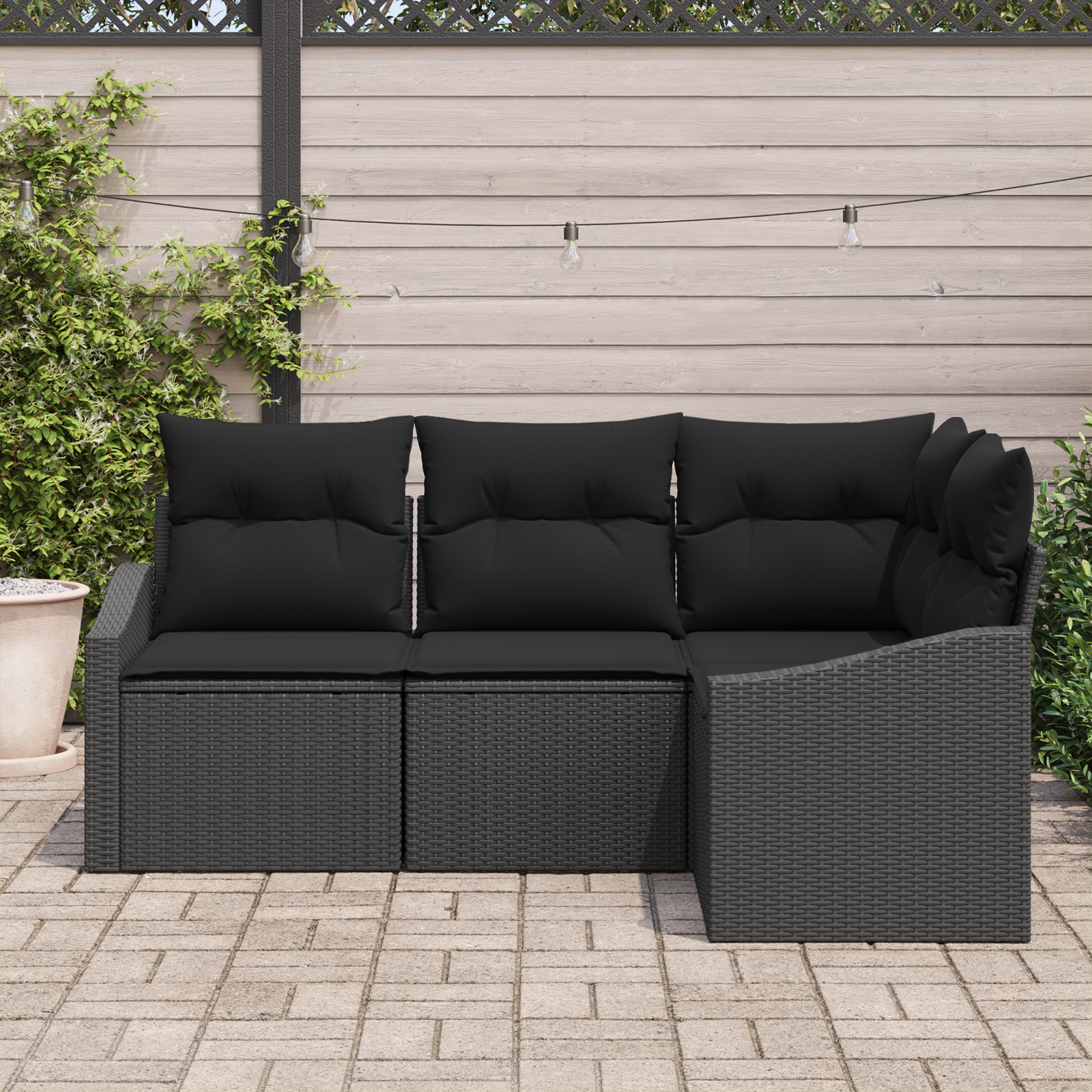 vidaXL 4-delige Tuinbankenset met kussens poly rattan zwart