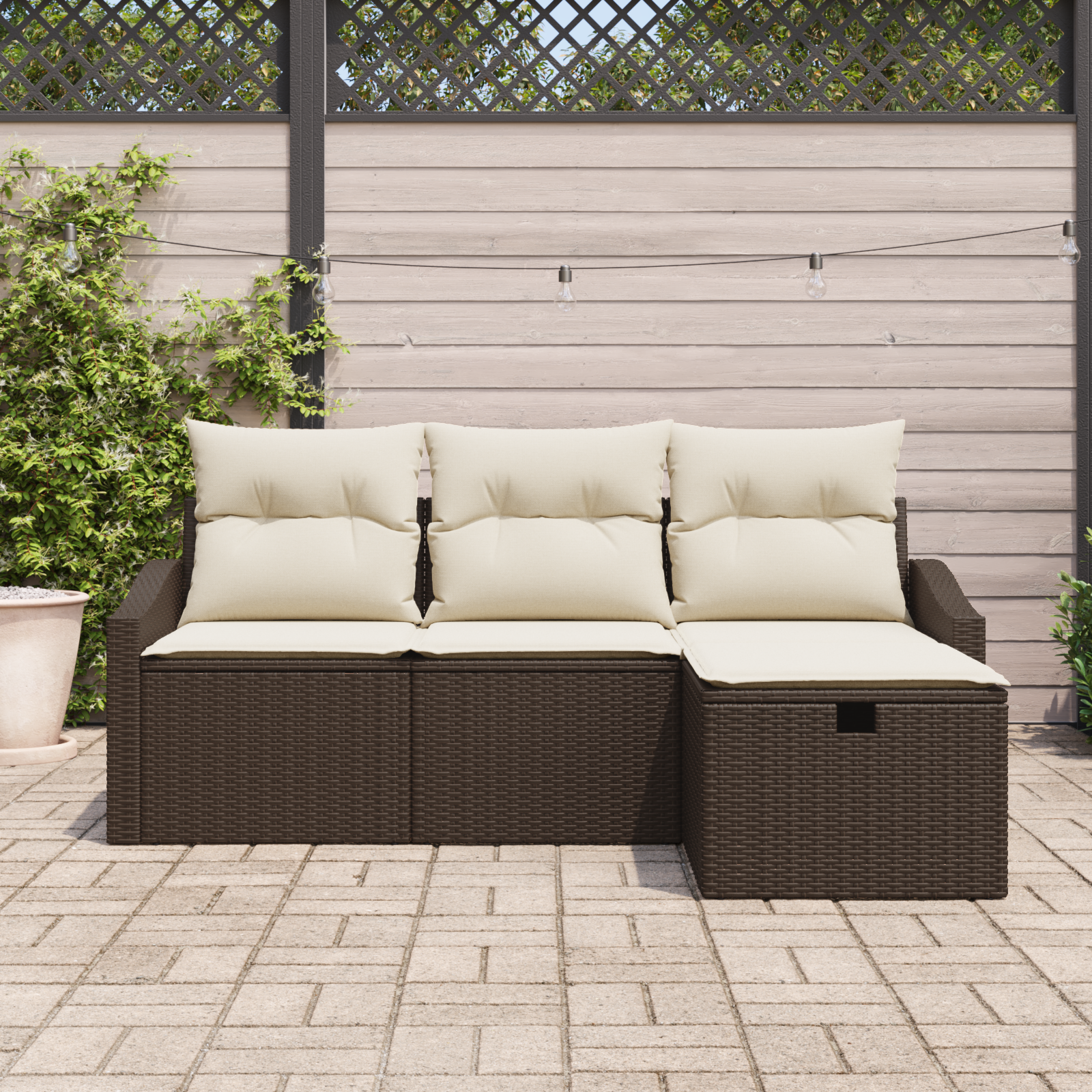 vidaXL 4-delige Tuinbankenset met kussens poly rattan bruin