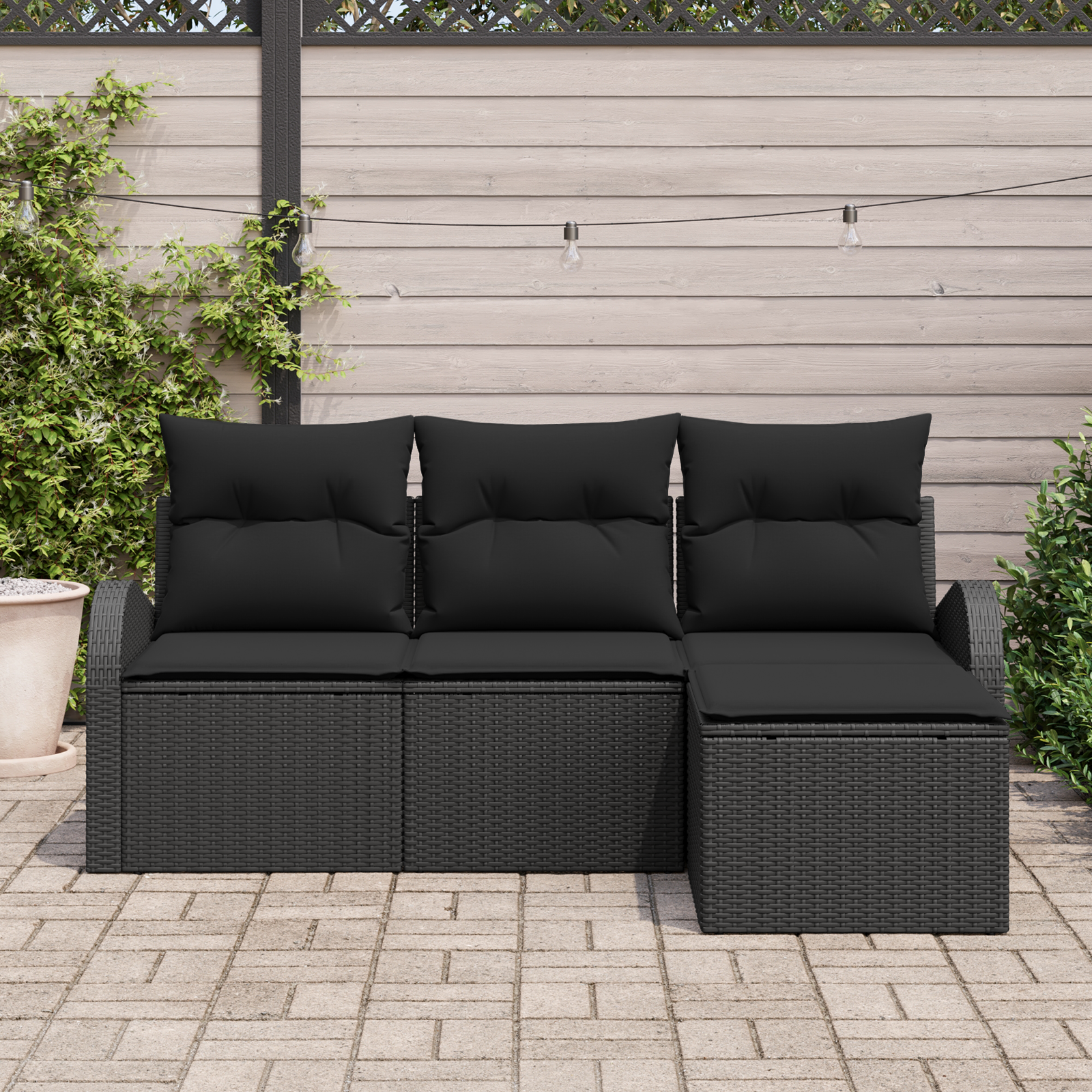 vidaXL 4-delige Tuinbankenset met kussens poly rattan zwart