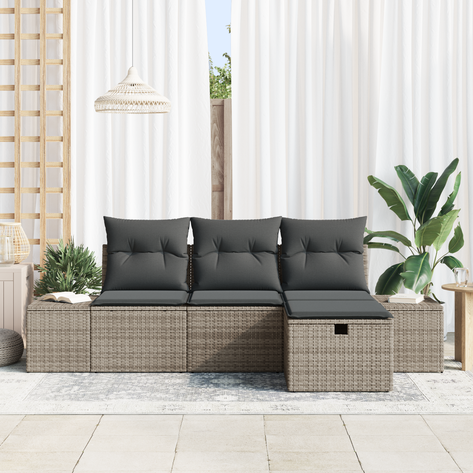 vidaXL 4-delige Tuinbankenset met kussens poly rattan grijs