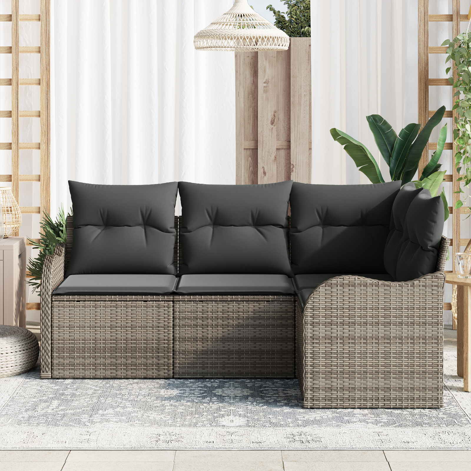 vidaXL 4-delige Tuinbankenset met kussens poly rattan grijs