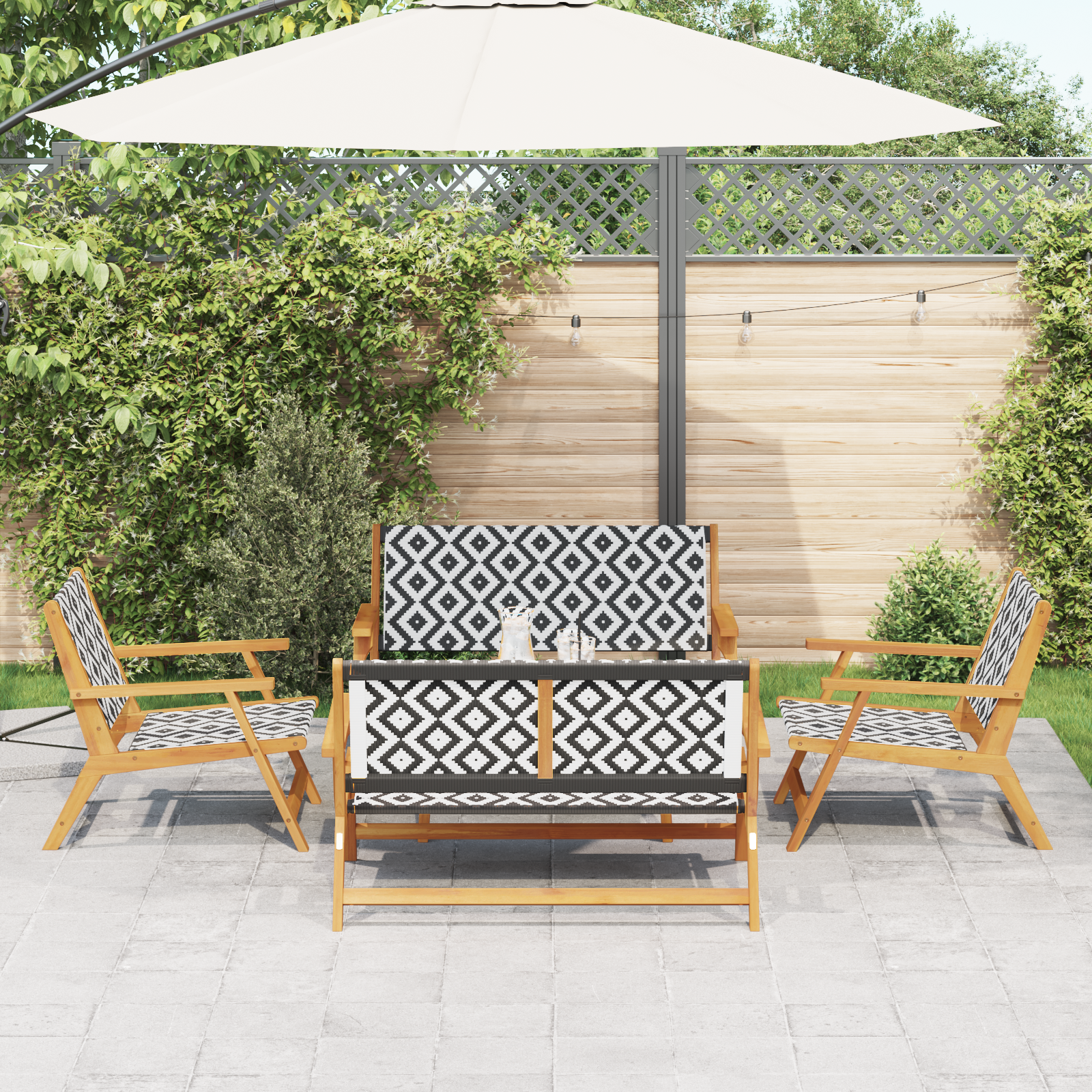vidaXL 5-delige set met zwart-witte acaciahouten tuinmeubelen, inclusief tafel en stoelen