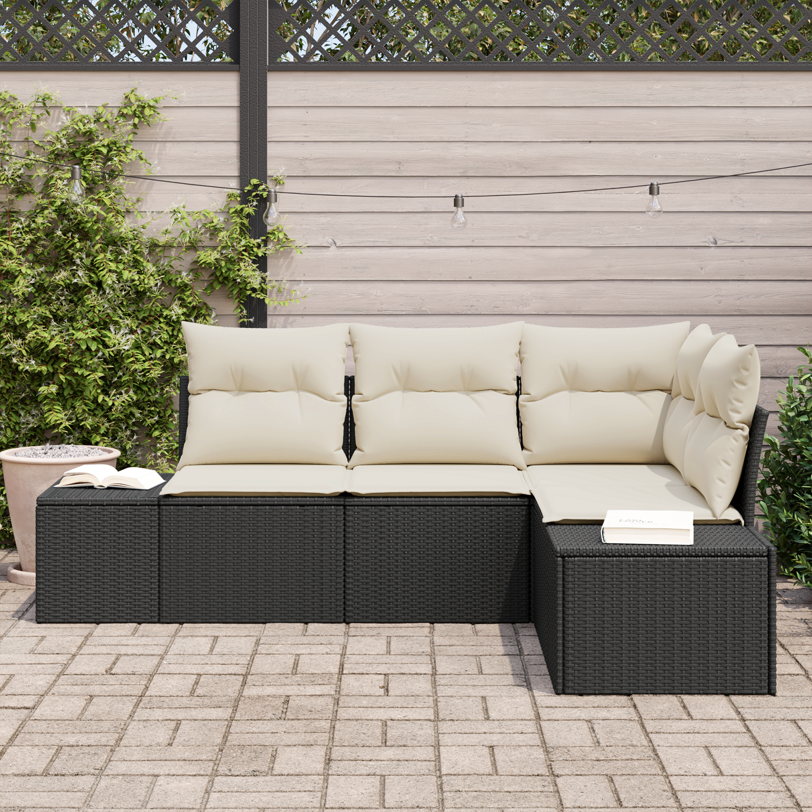 vidaXL 4-delige Tuinbankenset met kussens poly rattan zwart