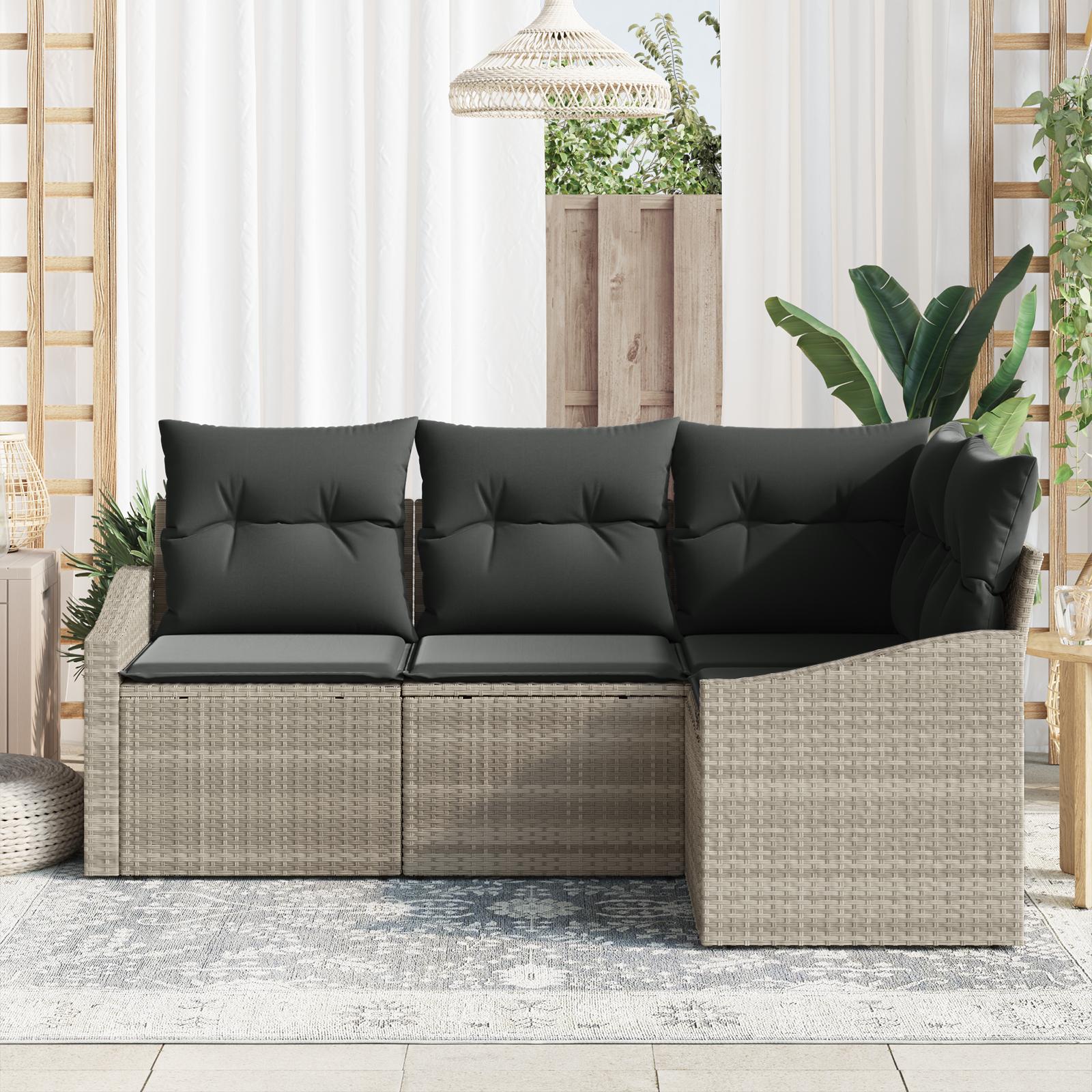 vidaXL 4-delige Ligbed Set met Kussens Licht Grijs Poly Rattan