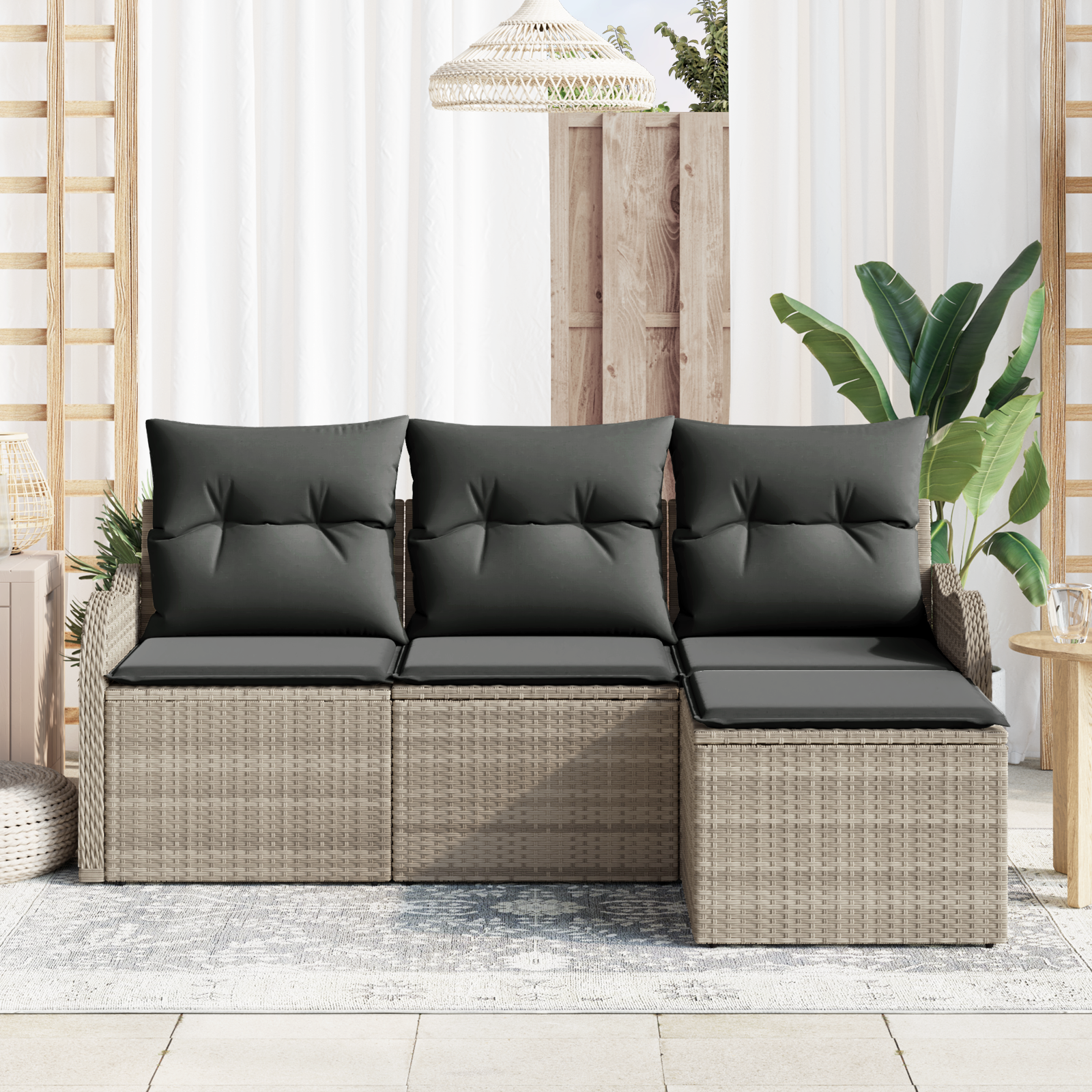 vidaXL 4-delige Tuinbankenset met kussens poly rattan lichtgrijs