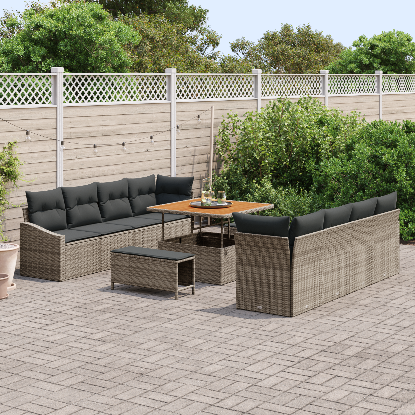 vidaXL 11-delige Tuinbankenset met kussens poly rattan acacia grijs