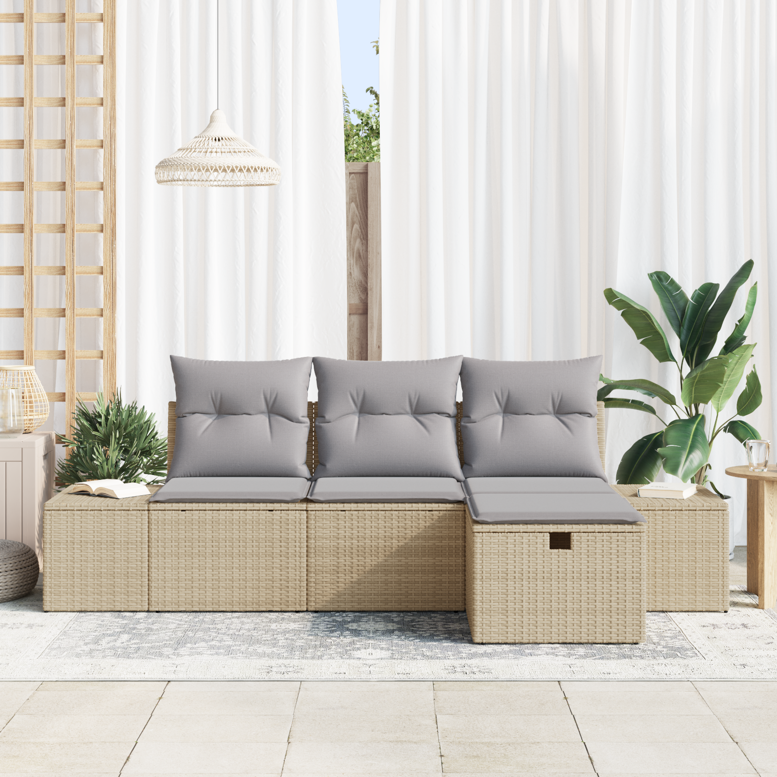 vidaXL 4-delige tuinbankset met kussens in beige poly riet