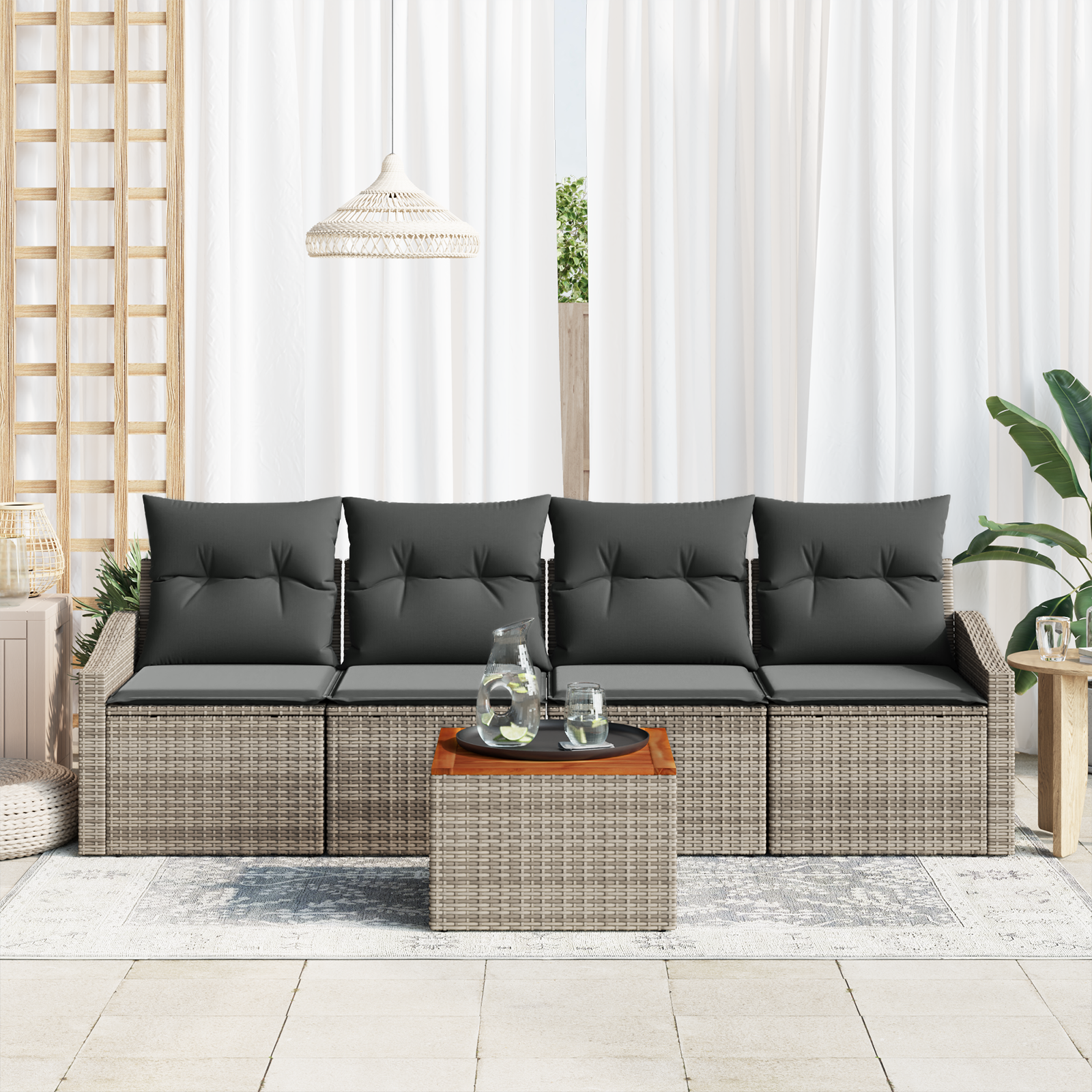 vidaXL 5-delige loungeset met kussens grijs poly rattan acacia