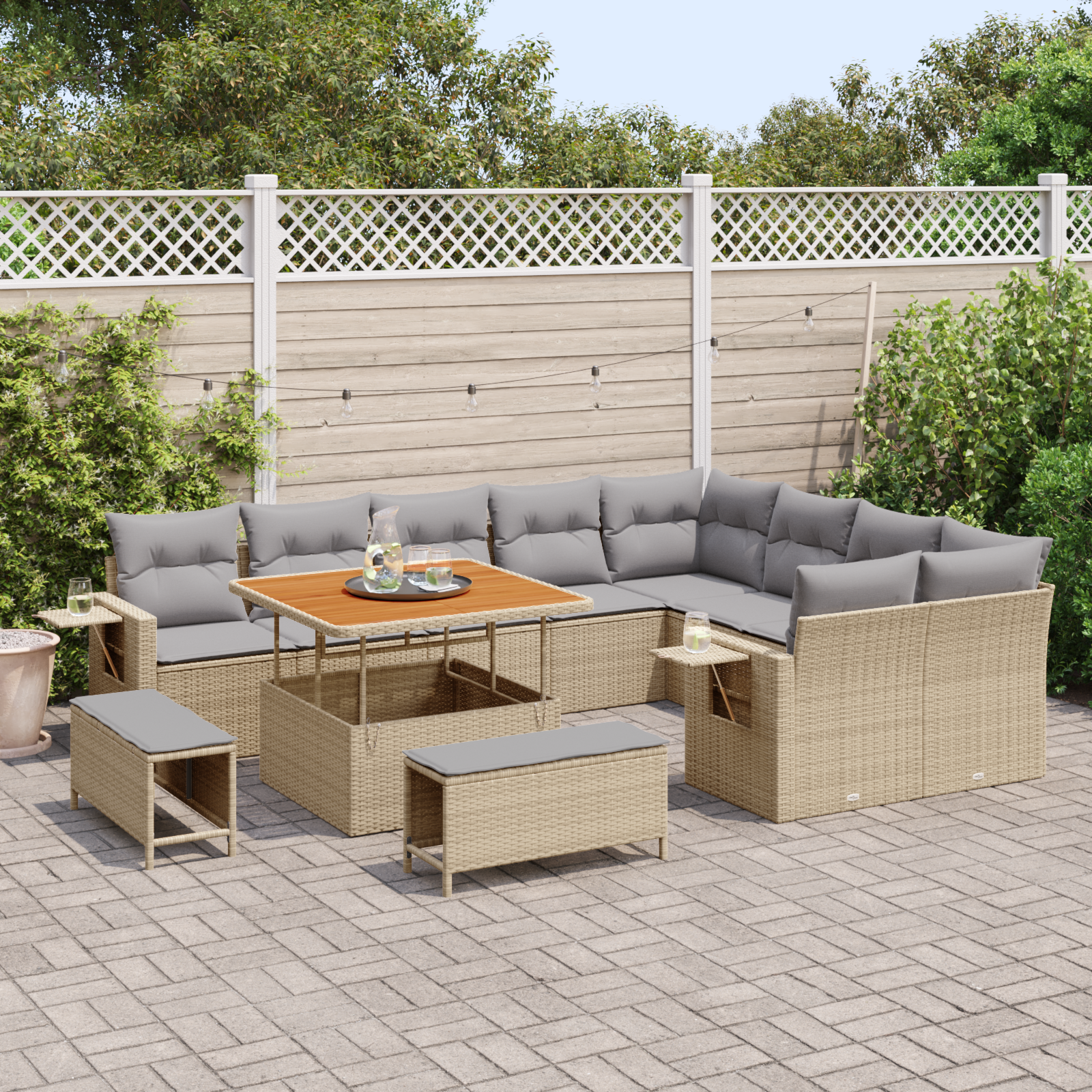 vidaXL 12-delige tuinset met kussens in beige poly rattan en acaciahout