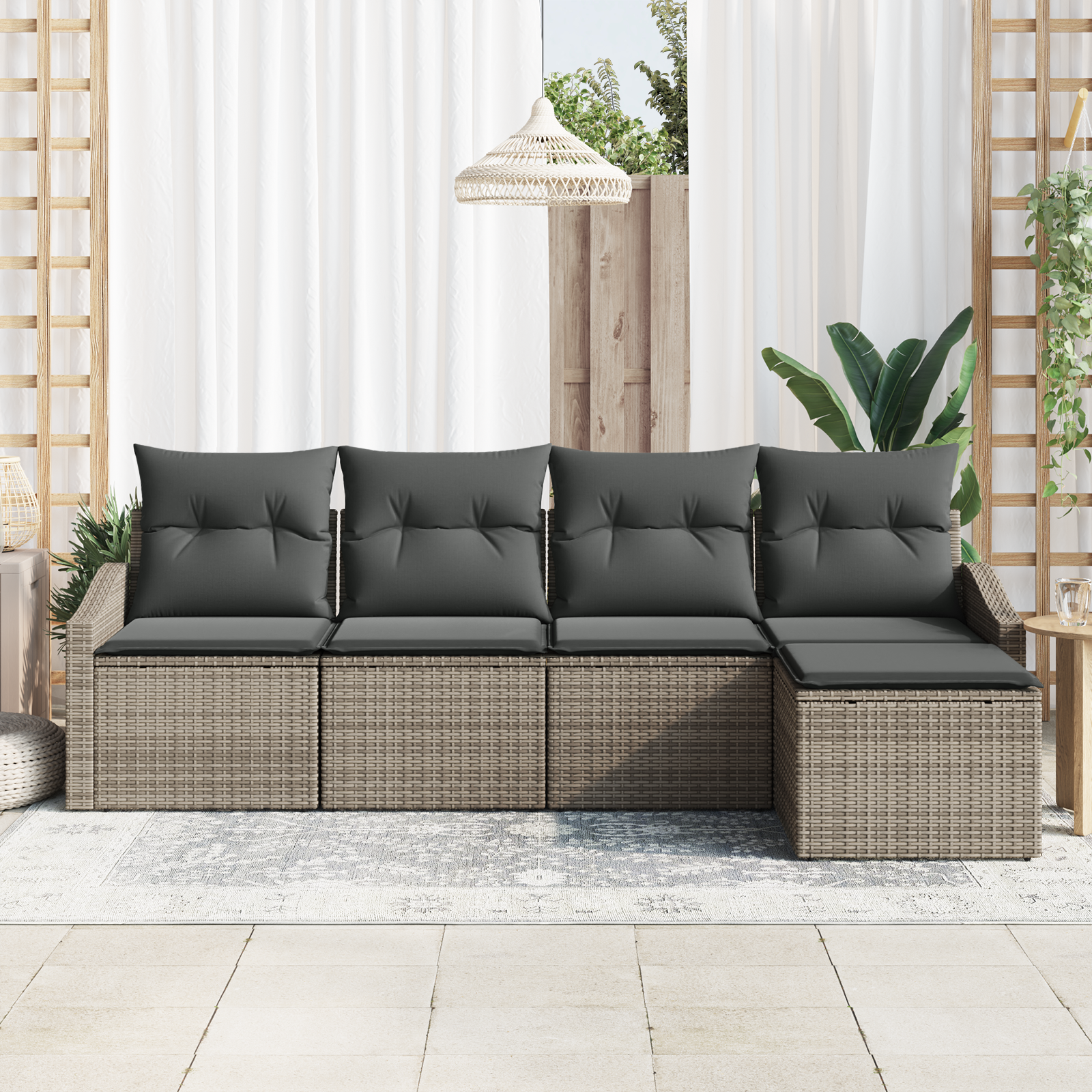 vidaXL 5-delige Tuinbankenset met kussens poly rattan grijs