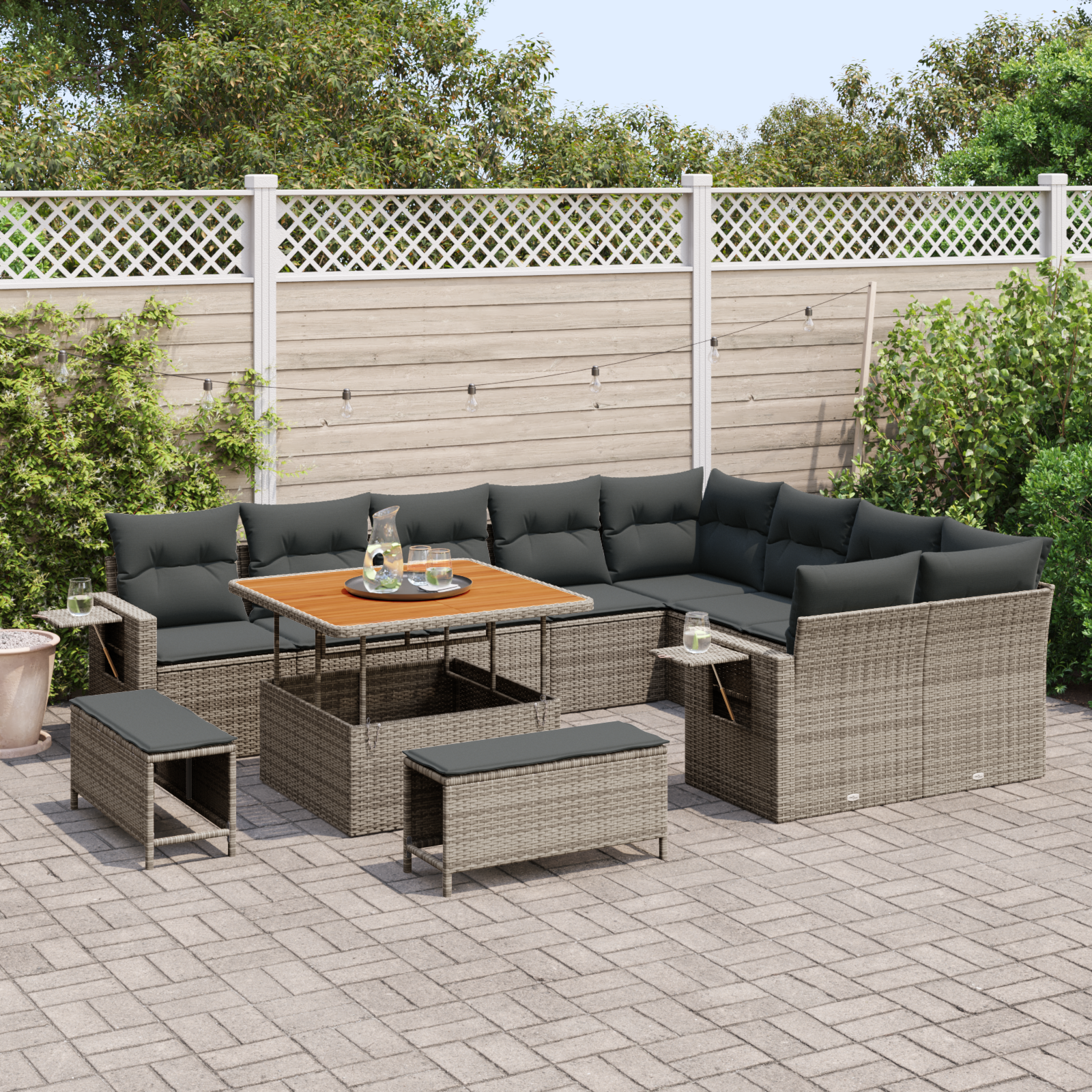 vidaXL 12-delige Tuinbank Set met Kussens Grijs Poly Riet Acacia