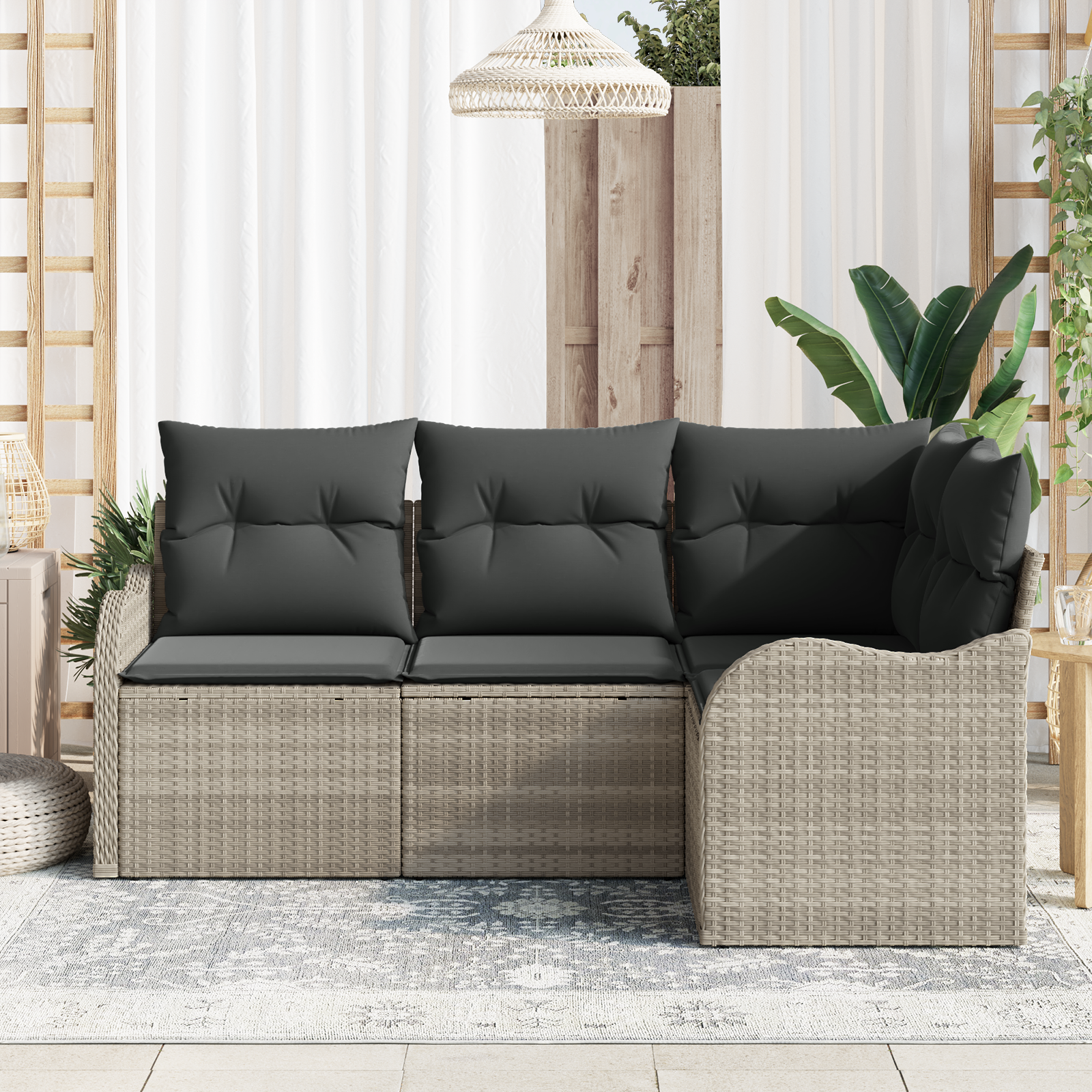 vidaXL 4-delige Tuinbankenset met kussens poly rattan lichtgrijs
