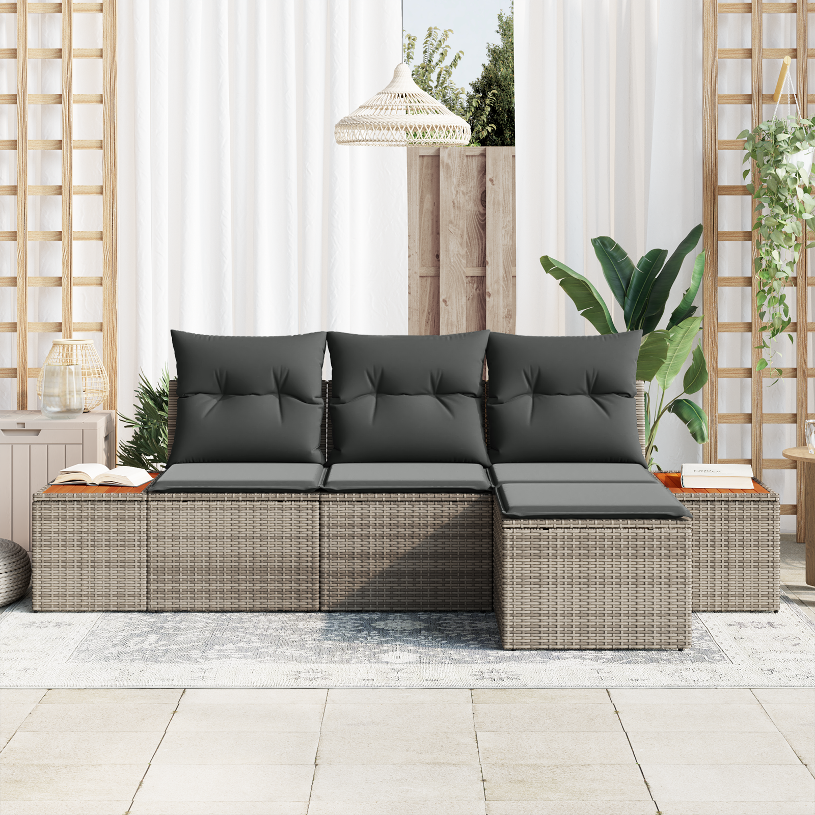 vidaXL 4-delige tuinset met kussens grijs poly rattan acacia