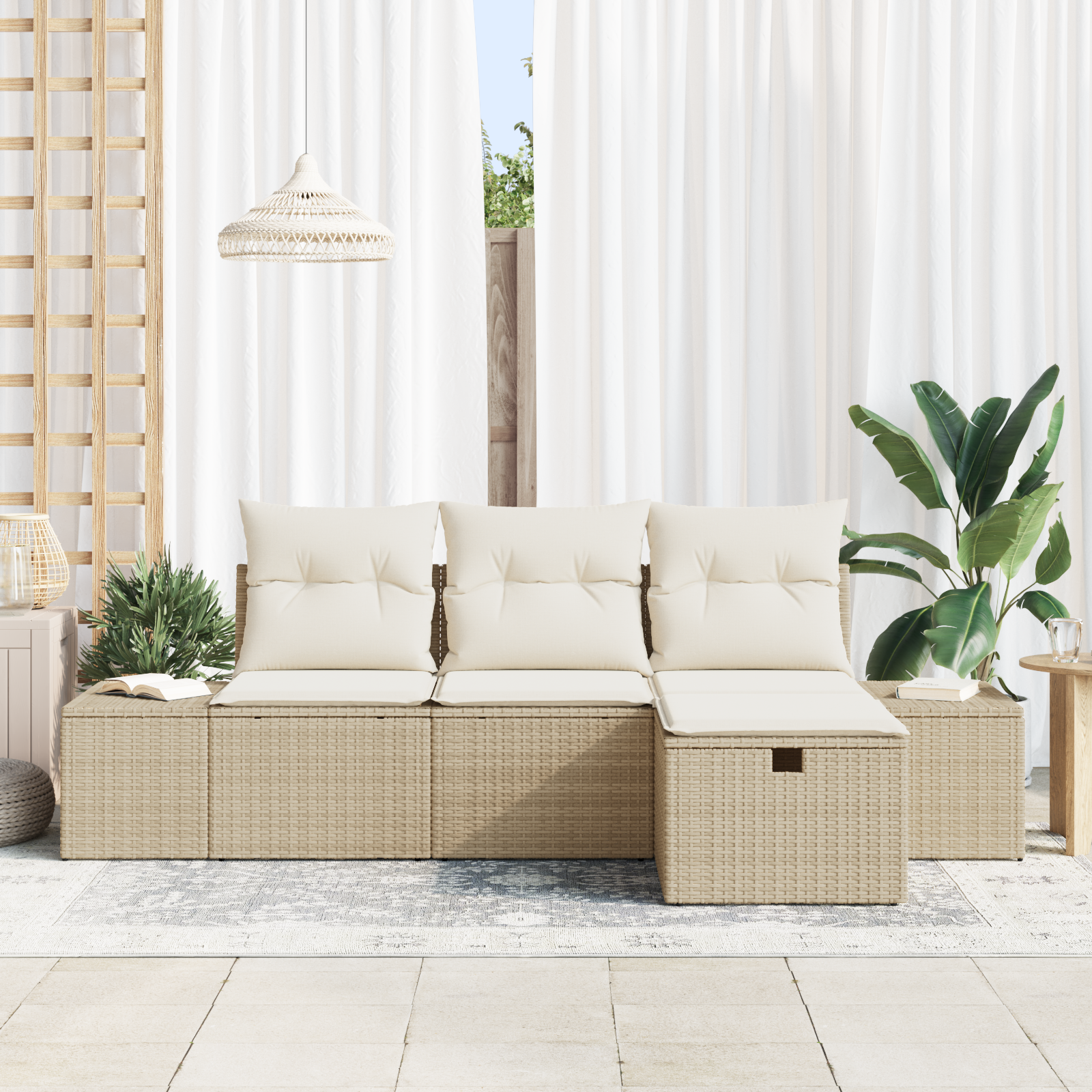 vidaXL 4-delige Tuinbankenset met kussens poly rattan beige
