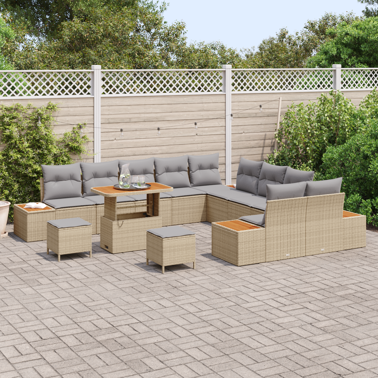 vidaXL 13-delige tuinbankset met kussens in beige poly rattan en acacia