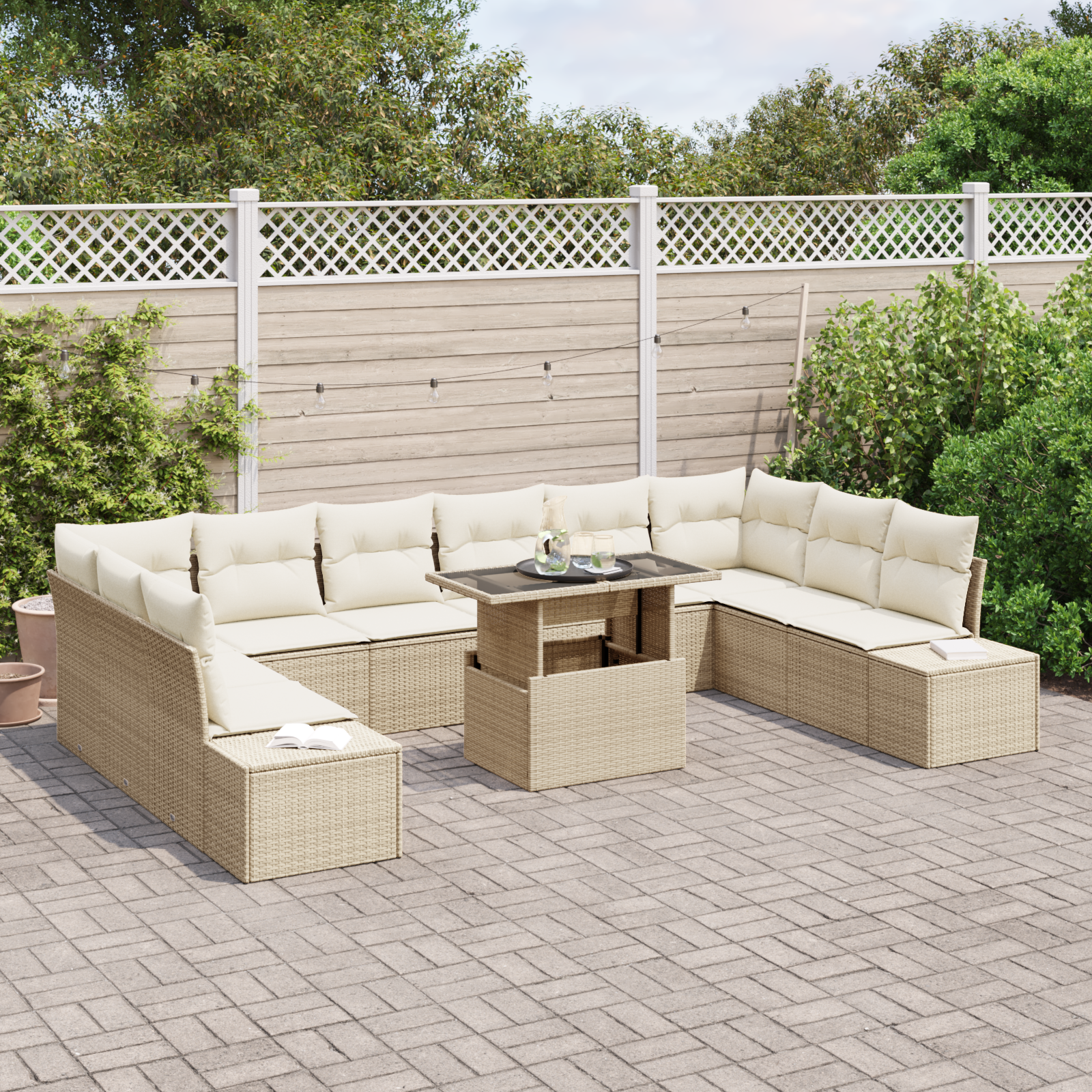 vidaXL 11-delige Tuinbankenset met kussens poly rattan beige