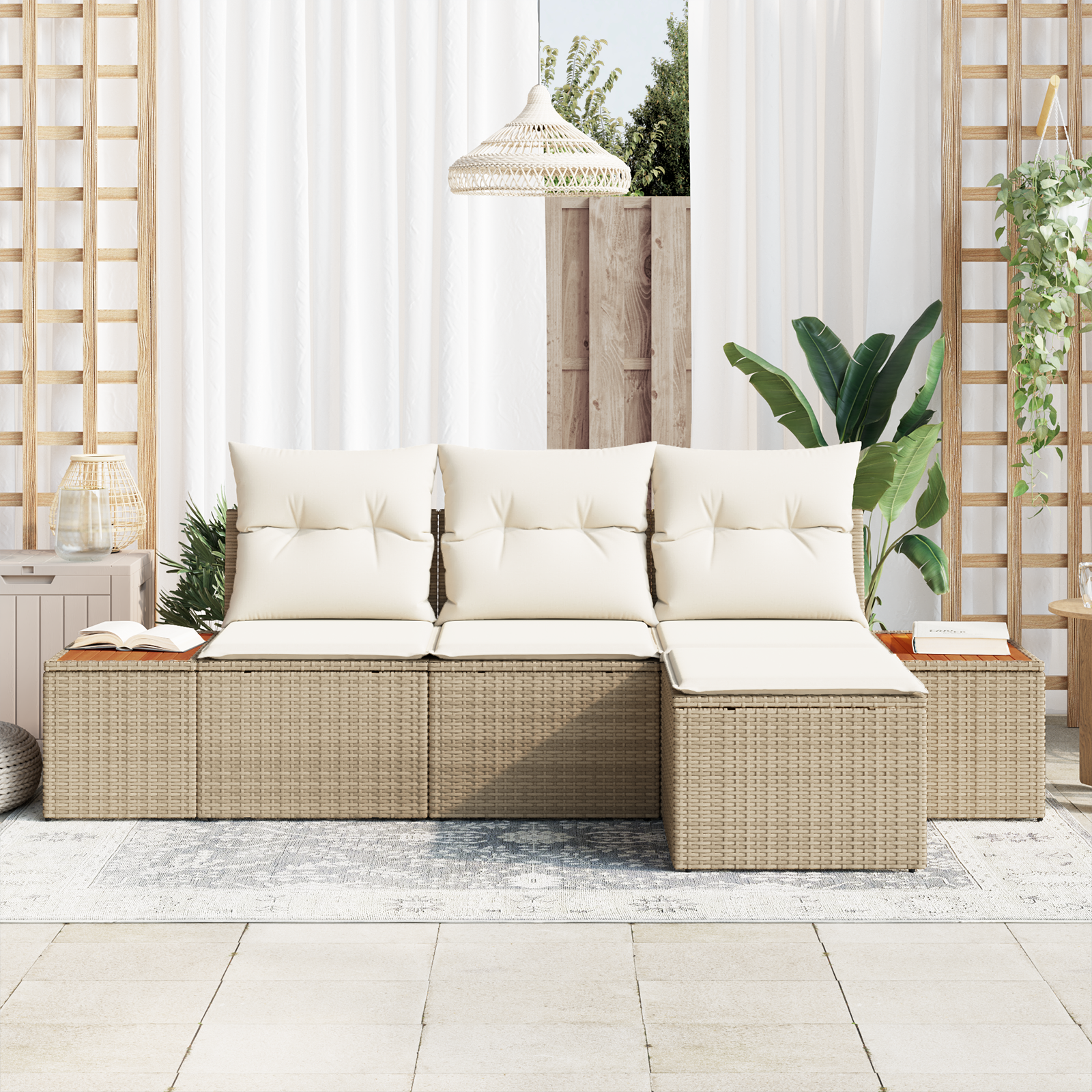vidaXL 4-delige tuinset met kussens in beige poly rattan en acacia