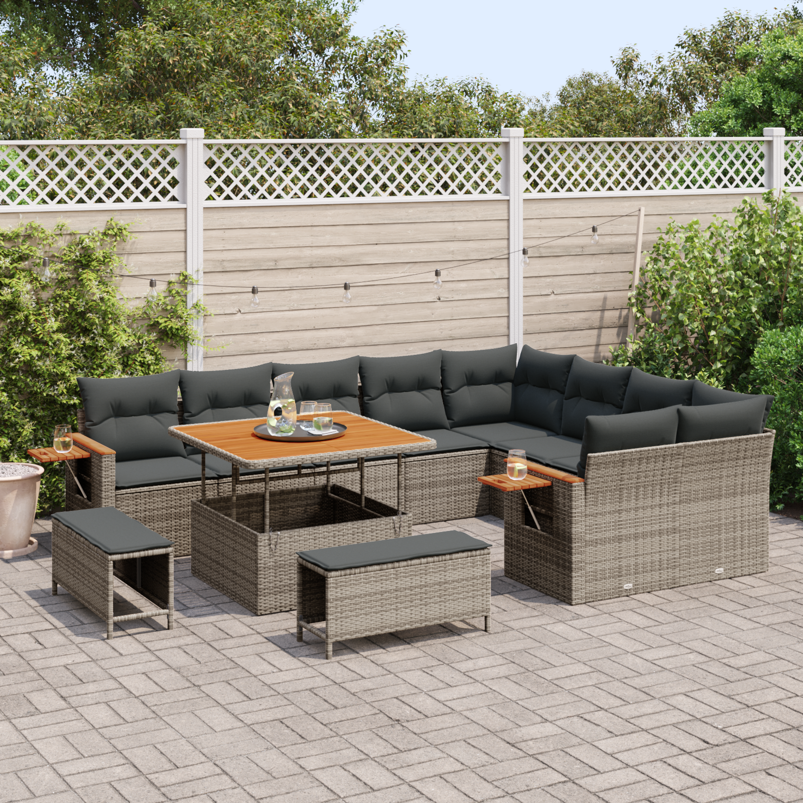 vidaXL 12-delige Tuinbankenset met kussens poly rattan acacia grijs