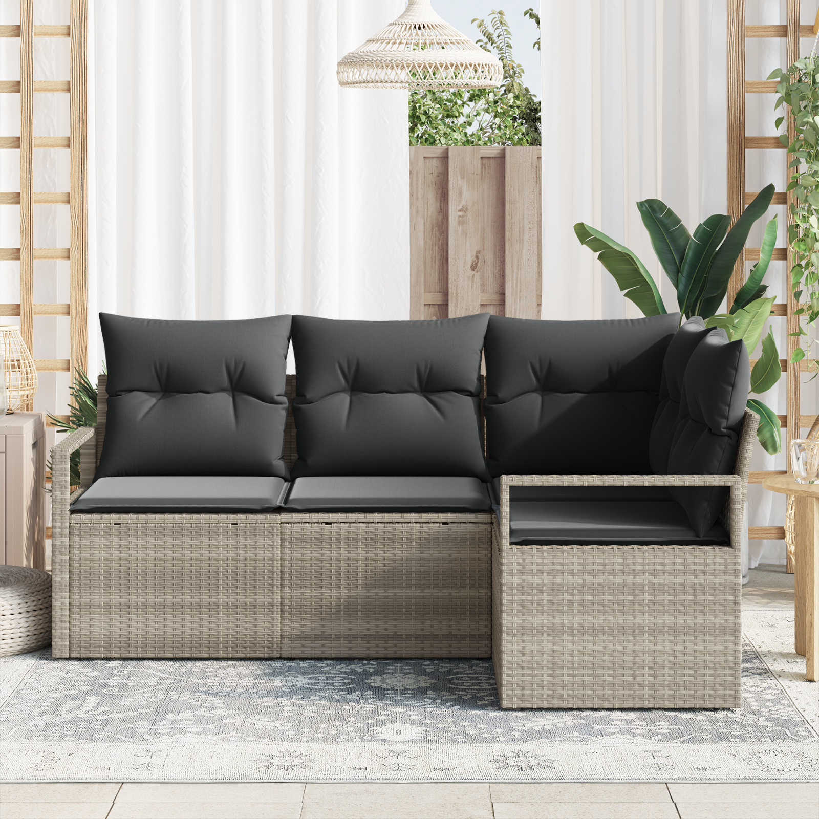 vidaXL 4-delige Tuinbankenset met kussens poly rattan lichtgrijs