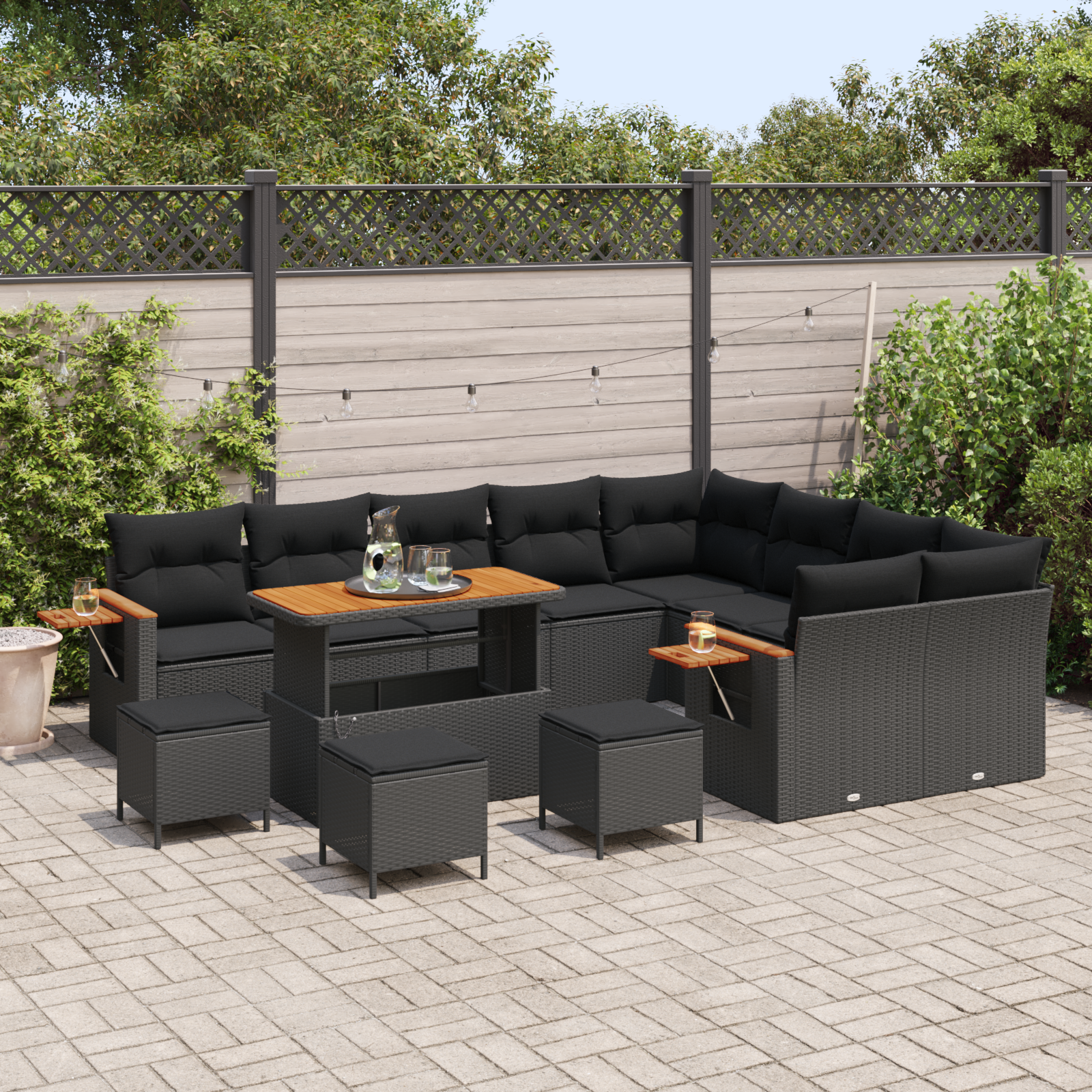 vidaXL 13-delige Tuinbankenset met kussens poly rattan acacia zwart