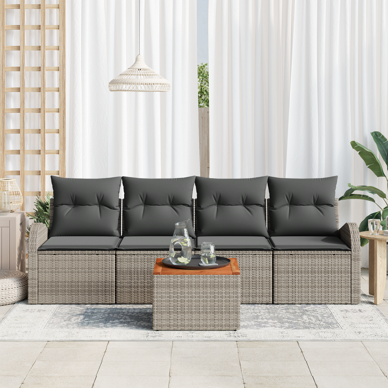 vidaXL 5-delige tuinsofa set met kussens in grijs poly rattan en acacia